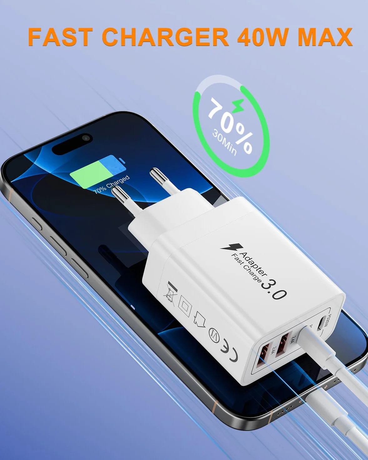 Ładowarka USB C, 40W Gniazdo, 4 Porty Szybkie Ładowanie, Przekształtnik USBC Wielofunkcyjny, Zasilacz USB C do Samsung S23 S24 S25, iPhone17 16 15 14 13, Huawei, Fast Charger