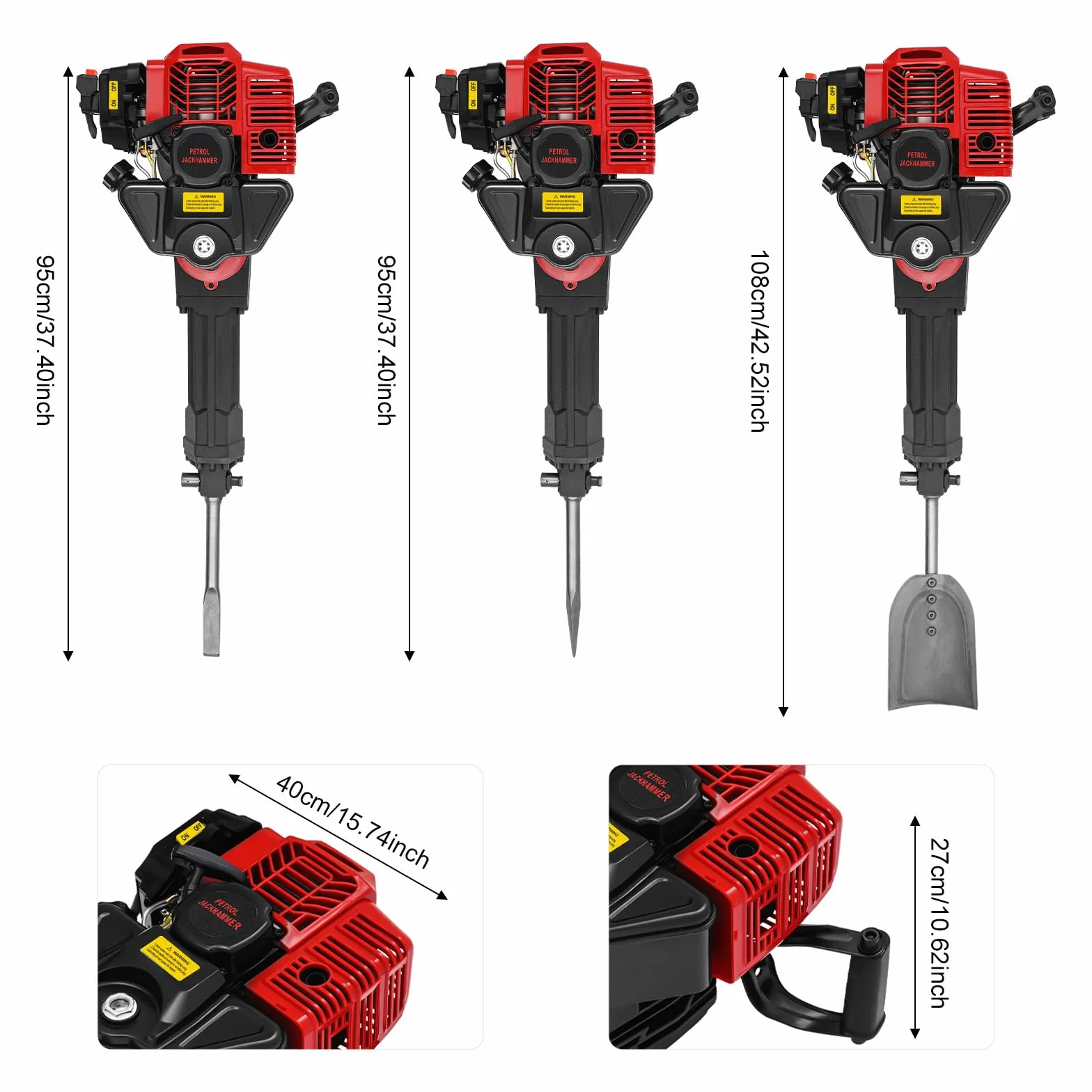 2 w 1 młot do wyburzania spalin z 3 dłutami, 2-suwowy, benzynowy, łopata 1,9 kW, 52 CC, 55J, 6500 obr./min, młotek dłutowy, młotek udarowy do prac leśnych