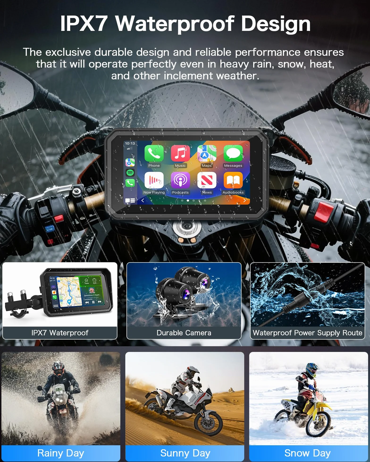 Kamera samochodowa 4K CarPlay z systemem Android, 6,25", nawigacja motocyklowa, wodoszczelność IP67, nawigacja GPS, do motocykli, Dual Bluetooth, Siri/G-Oogle Assistant, karta 64 GB