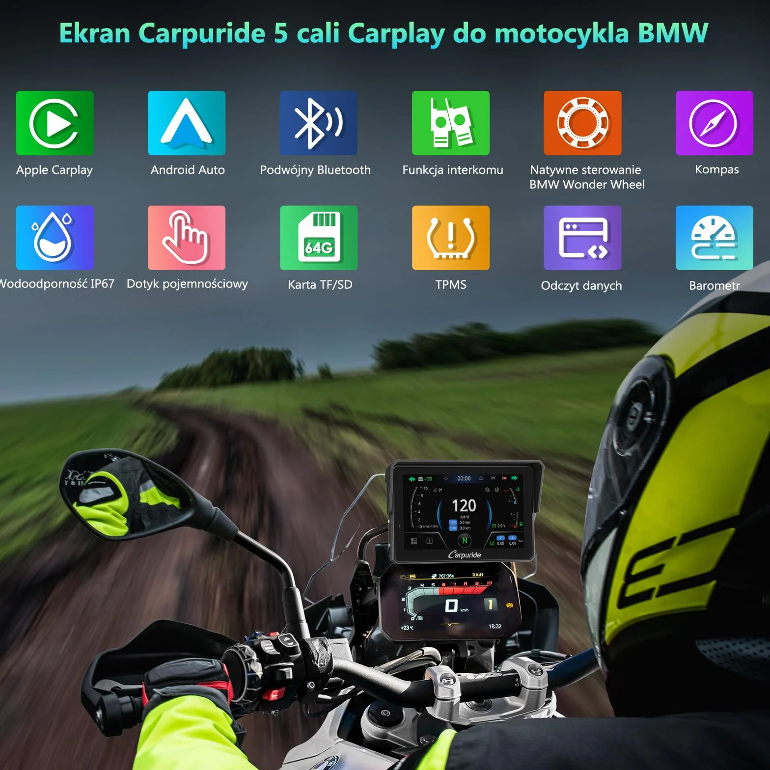 CARPURIDE W502BS PRO do motocykli BMW, CarPlay i Android Auto, podwójny Bluetooth, 5-calowy wodoodporny ekran nawigacji GPS, odczyt danych, Native Wonder, TPMS, czujnik światła, udostępnianie muzyki,