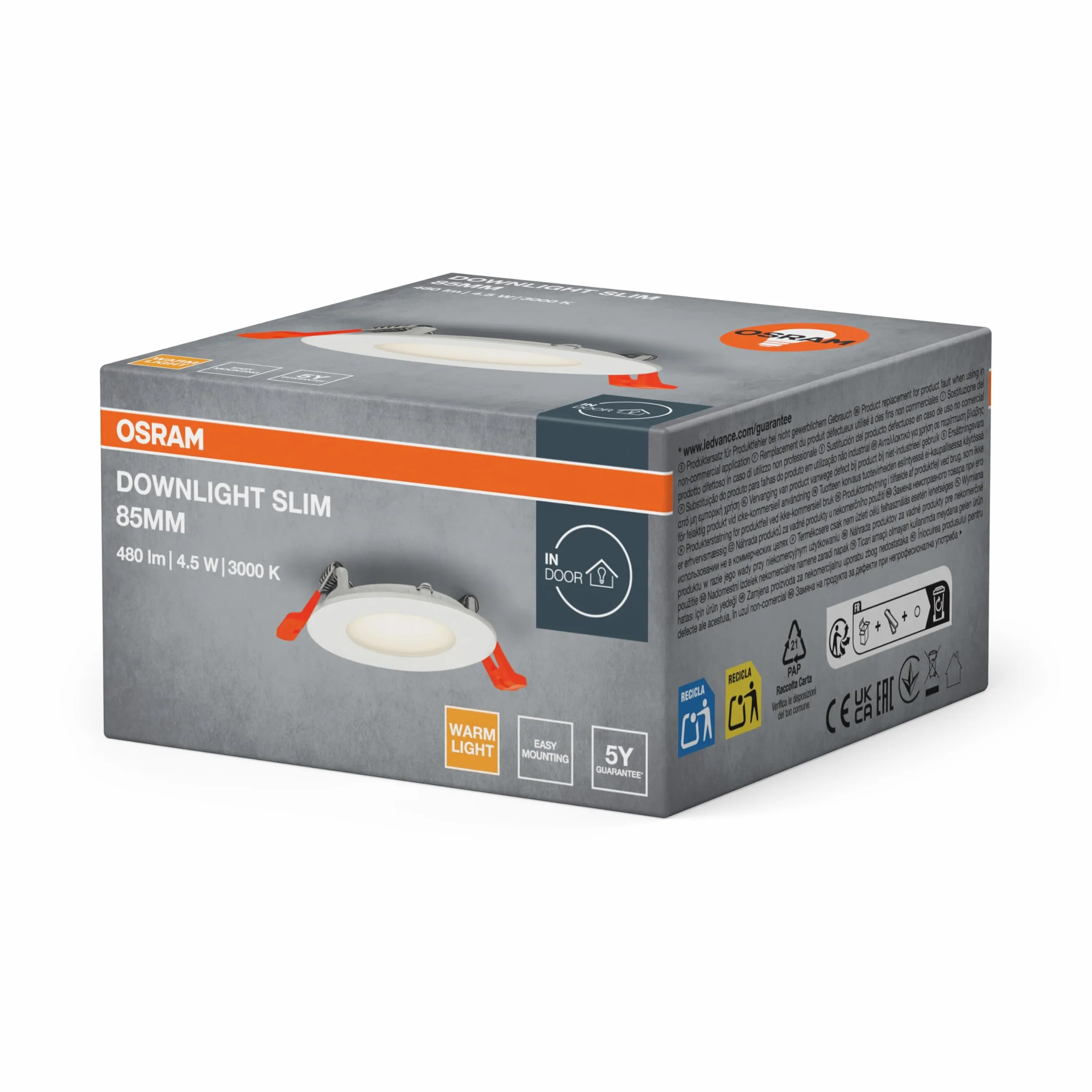 OSRAM Downlight Slim 85mm oprawa wpuszczana LED 4,5 W 3000K ciepła biel 240 lumenów płaska konstrukcja IP20 łatwa instalacja do salonów i korytarzy