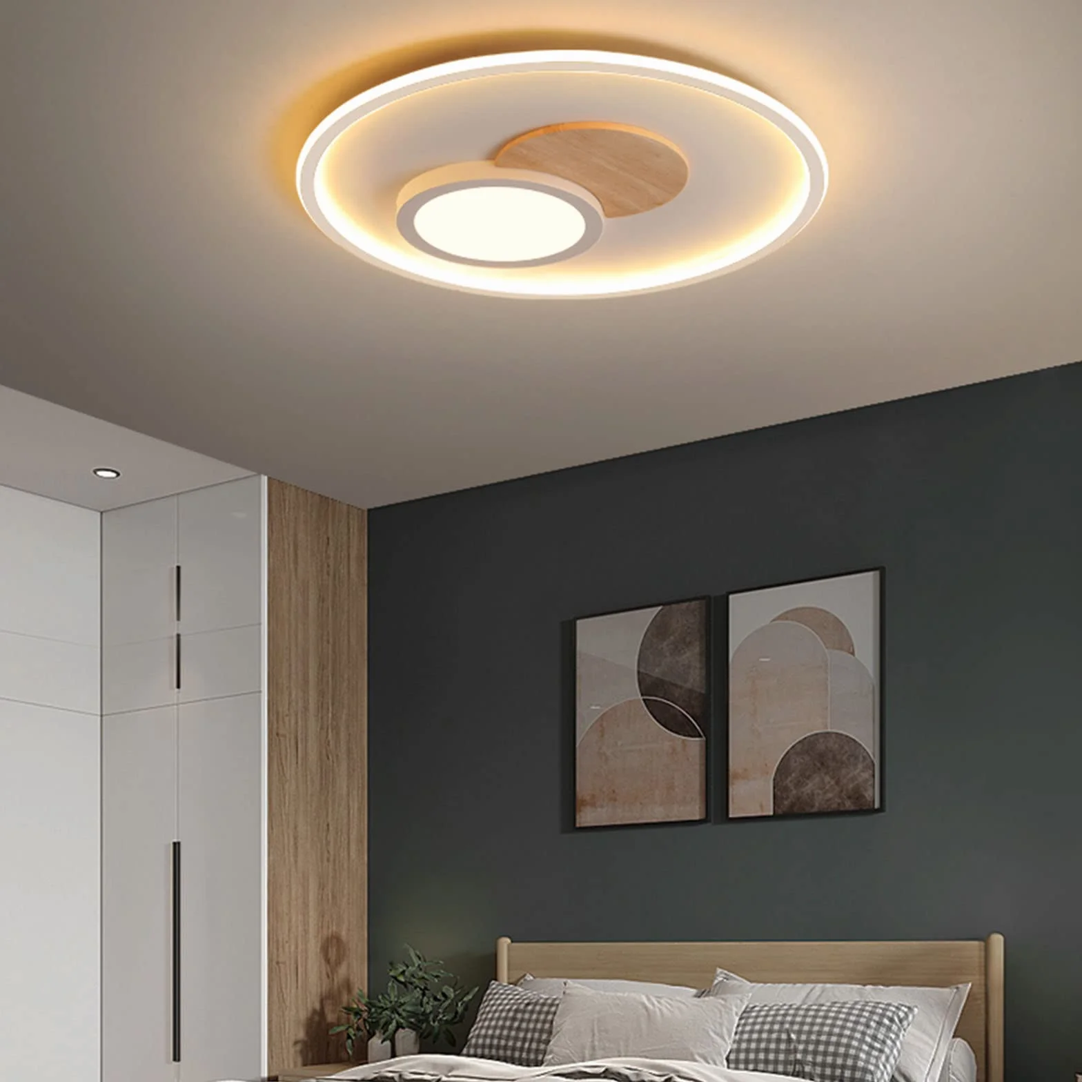 Lampa sufitowa LED, drewno, lampa sufitowa, ściemniana, z pilotem zdalnego sterowania, nowoczesna, okrągła, drewniana lampa sufitowa do sypialni, pokoju dziecięcego, salonu, kuchni (Ø 31,5 cm