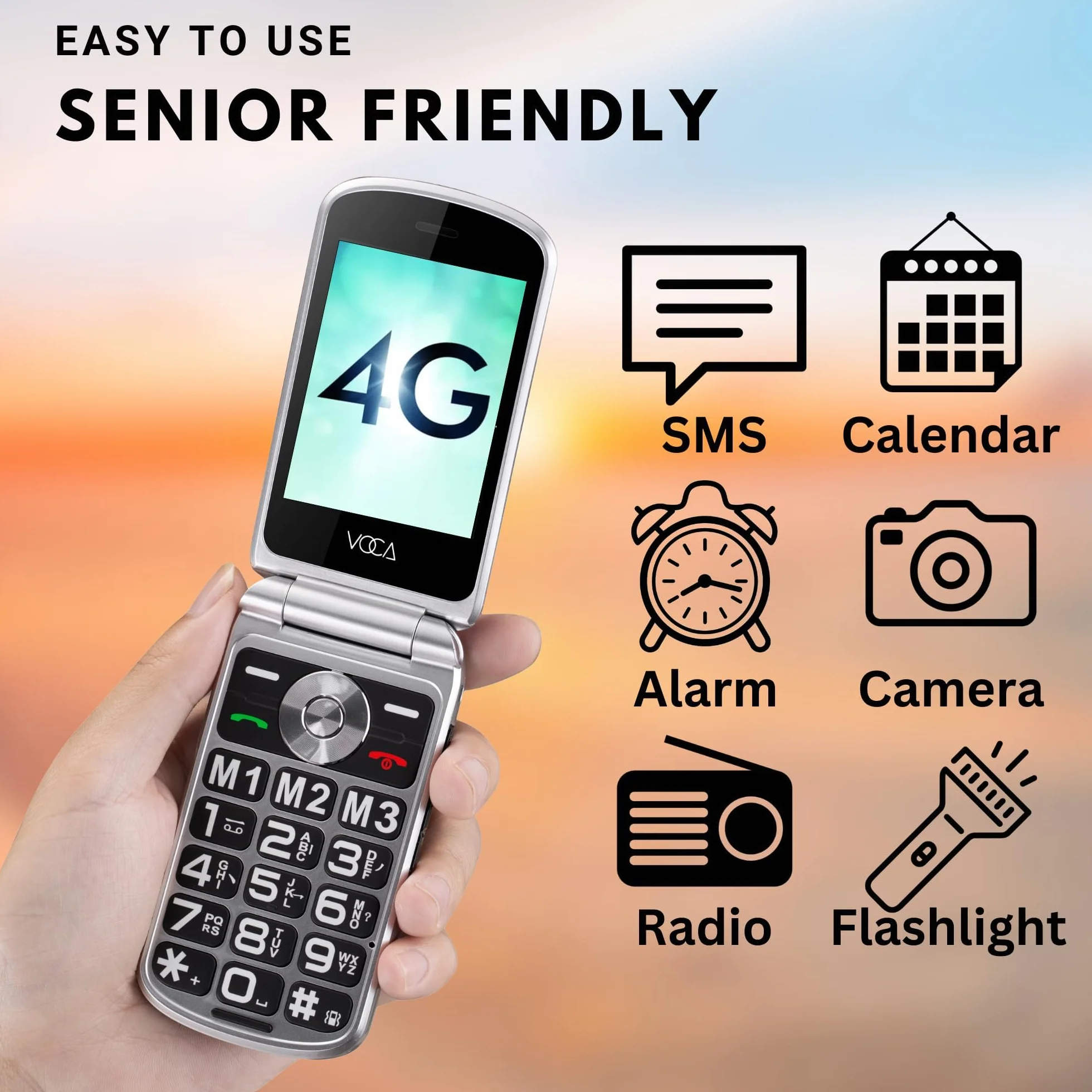 VOCA telefon z klapką z dużymi przyciskami dla seniorów, podwójny ekran, 4G, głośny dźwięk, przycisk SOS, kompatybilność z aparatami słuchowymi, stacja ładująca, przewidywanie tekstu, V543 (Czarny)