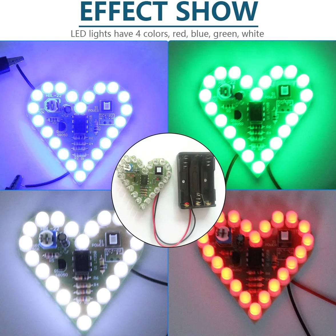 4 szt. zestaw do ćwiczeń spawalniczych zestaw lampy oddechowej w kształcie serca DC4-6V czerwony biały niebieski zielony kolor LED miłość kształt serca DIY projekt elektroniczny z uchwytem na