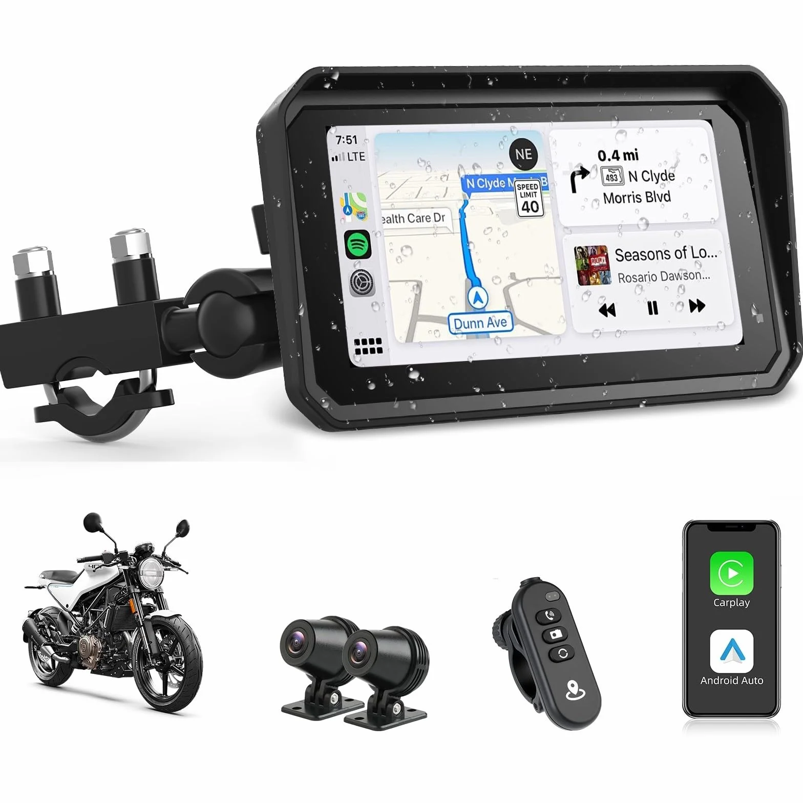 Kamera samochodowa 4K CarPlay z systemem Android, 6,25", nawigacja motocyklowa, wodoszczelność IP67, nawigacja GPS, do motocykli, Dual Bluetooth, Siri/G-Oogle Assistant, karta 64 GB
