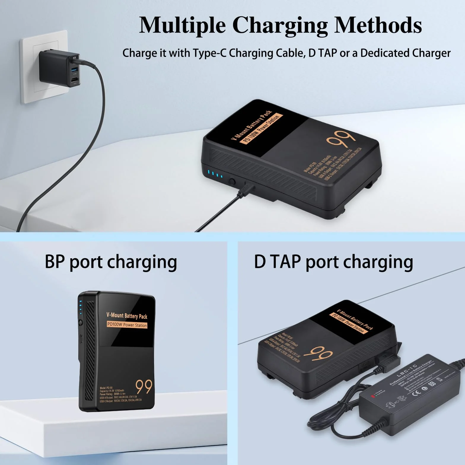 V Mount/V-Lock akumulator 99 Wh 6700 mAh Mini V-Mount akumulator z PD 100 W USB-C kabel do szybkiego ładowania i wtyczka PD 65 W do kamkordera, aparatu, monitora polowego, oświetlenia wideo
