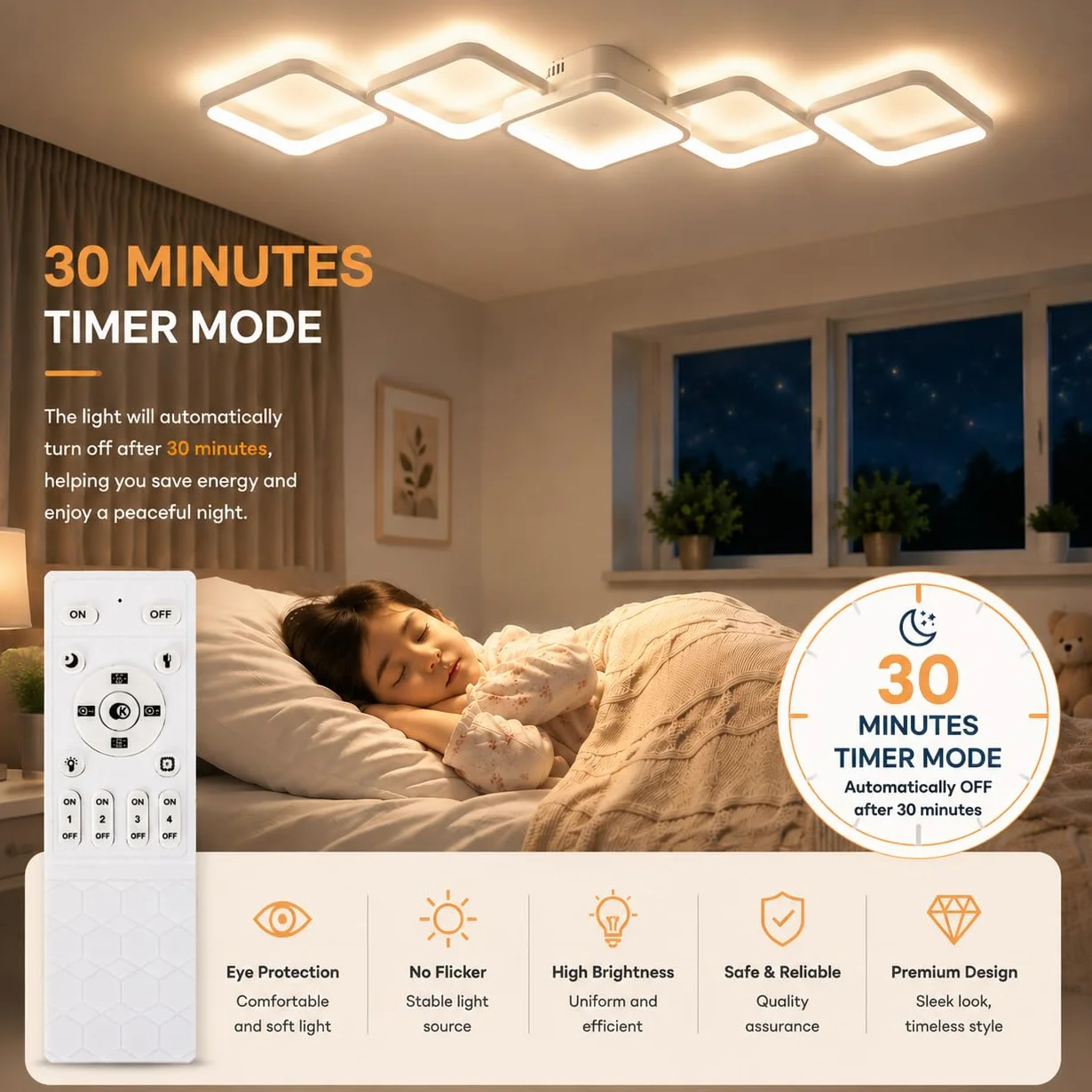 Ściemnialna Lampa Sufitowa LED 54W z pilotem i aplikacją, Biały Nowoczesna Lampa do Salonu, Sypialni, Przedpokoju, Kuchni, 5400LM, Regulacja Temperatury Barwowej 3000K-6000K, Pamięć Ustawień