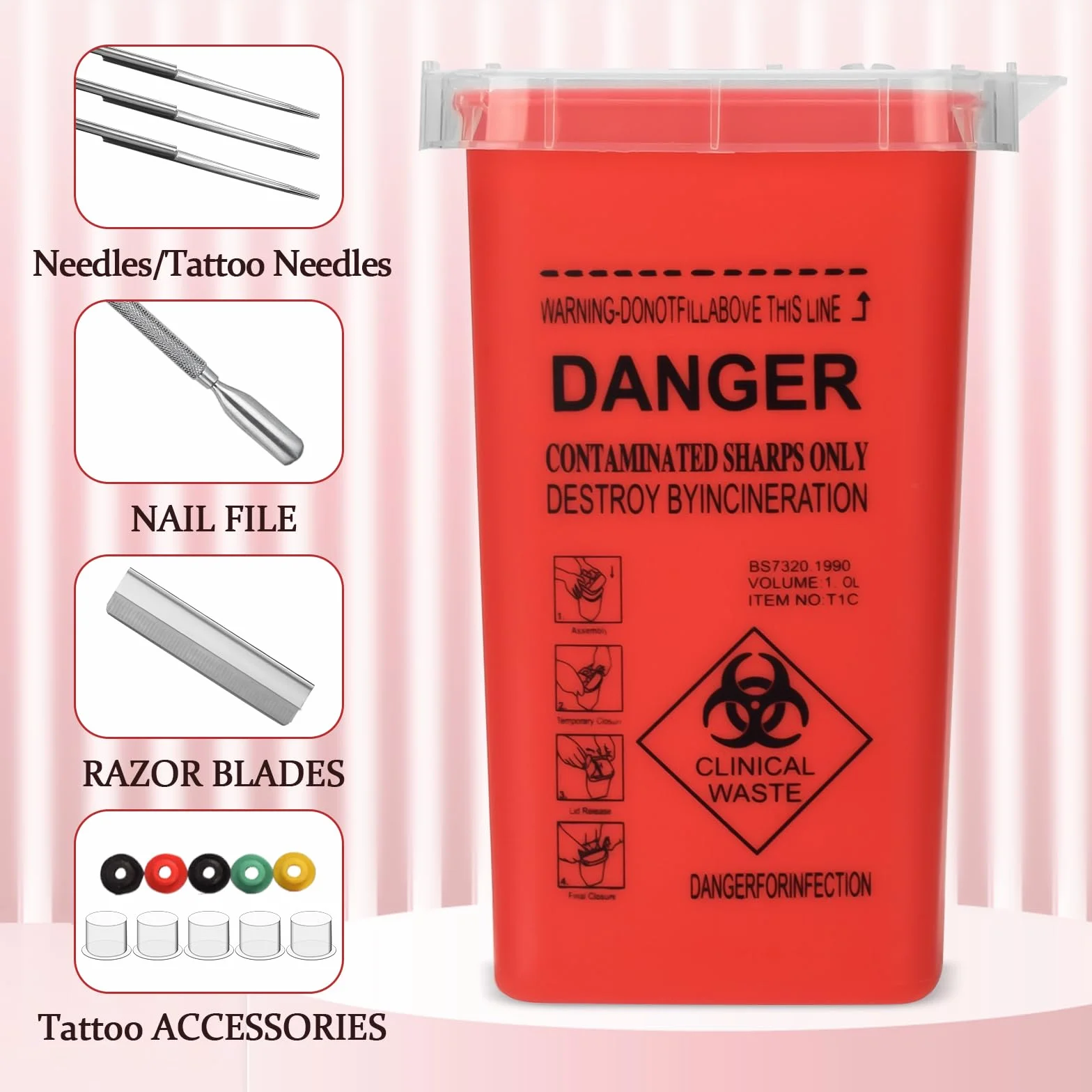 Tattoo Needle Box ATOMUS 1L Tattoo Plastic Sharp Container Tattoo Medical Disposal Biohazard Needle Waste Box Safe Lock Container Tattoo Supplies (1PC, Red)
