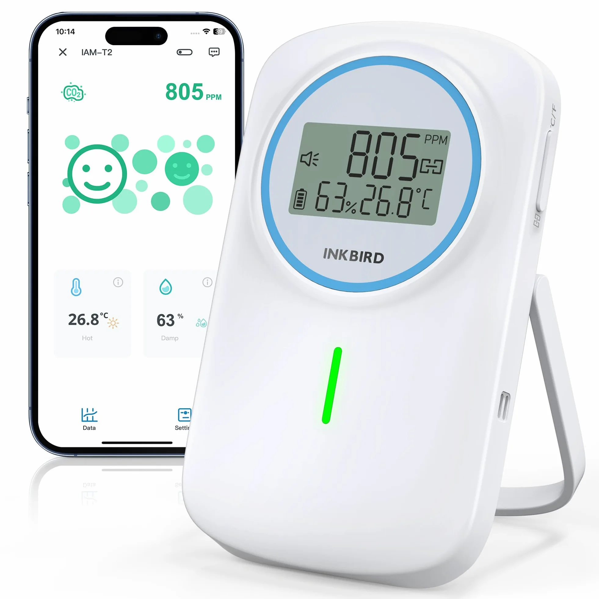 Inkbird Detektor CO2 Bluetooth, IAM-T2 monitor jakości powietrza w pomieszczeniach i wilgotności powietrza z aplikacją sterującą i funkcją alarmu do domu, szkoły, hotelu
