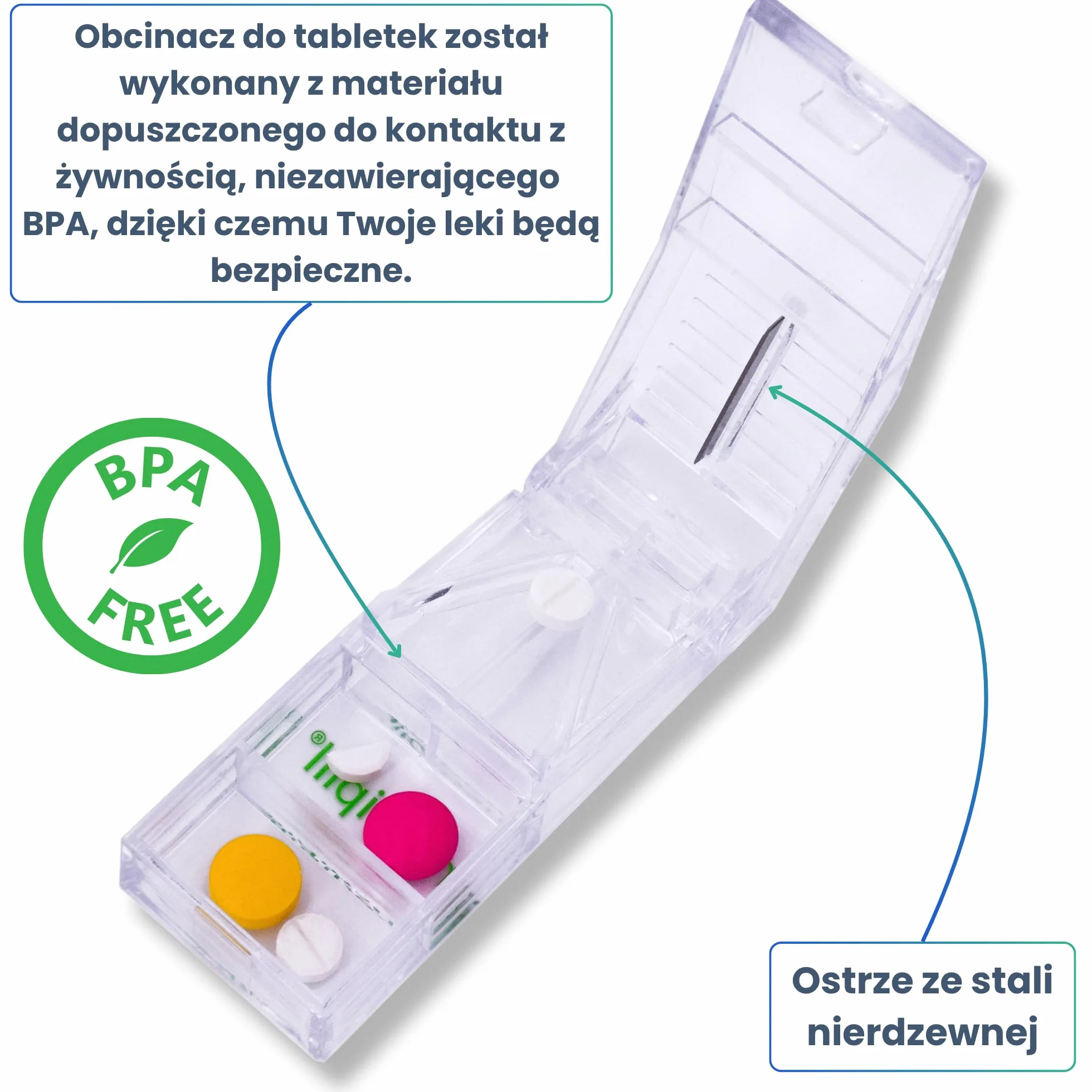 Precyzyjny obcinacz do tabletek | Ręczny obcinacz do tabletek z ostrzem ze stali nierdzewnej | Kompaktowe i bezpieczne etui na leki | Do użytku codziennego i w podróży | MED-CP-T