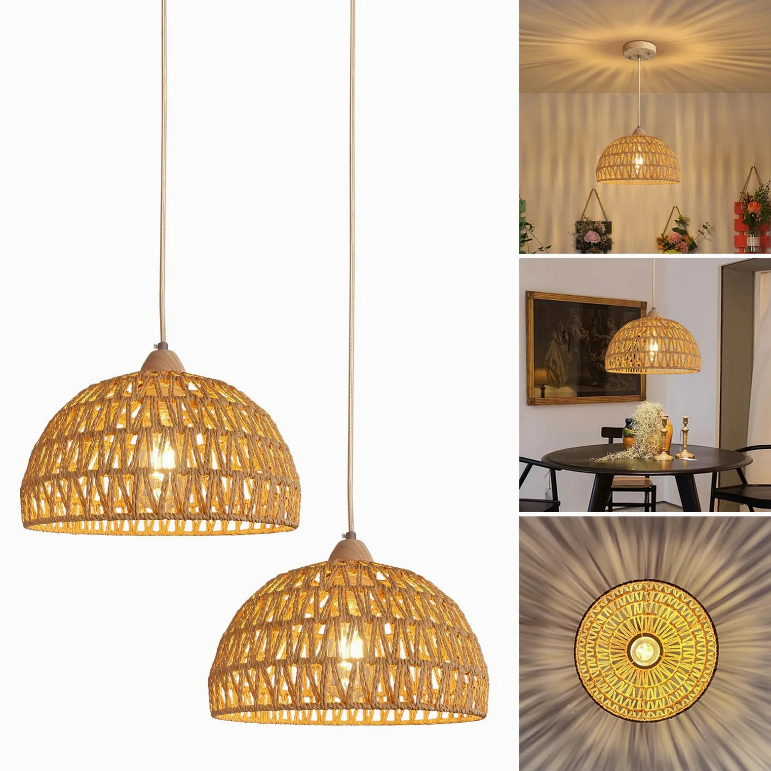 2 sztuki lamp wiszących z rattanu, styl boho, vintage, rustykalna, retro, pleciona, do jadalni, jadalni, kuchni, Ø 30 cm