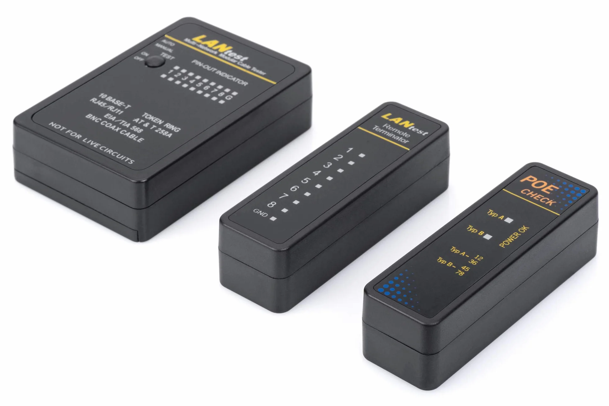 DIGITUS Tester sieciowy i tester kabli – Tester PoE – Automatyczne skanowanie – RJ45 RJ11 ISDN BNC – kabel sieciowy Coax LAN