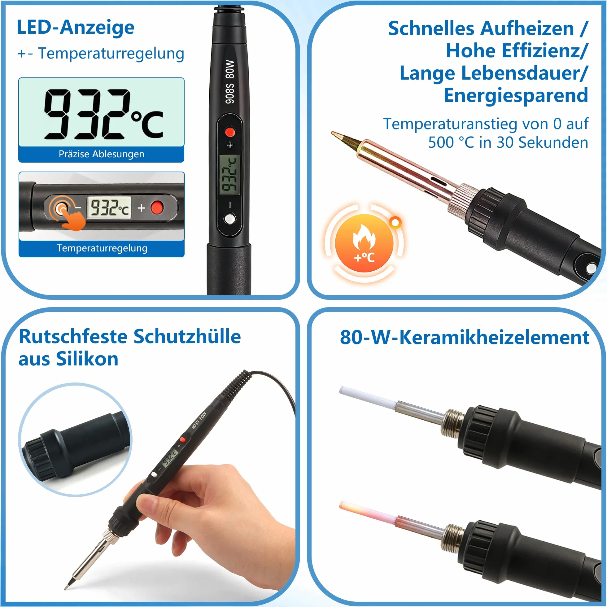 LCD Lutownica z regulacją temperatury, 80W cyfrowa lutownica, regulowana temperatura 180–520°C (356–968°F), kalibracja temperatury, podstawka do lutownicy do druku 3D i napraw, kolor czarny