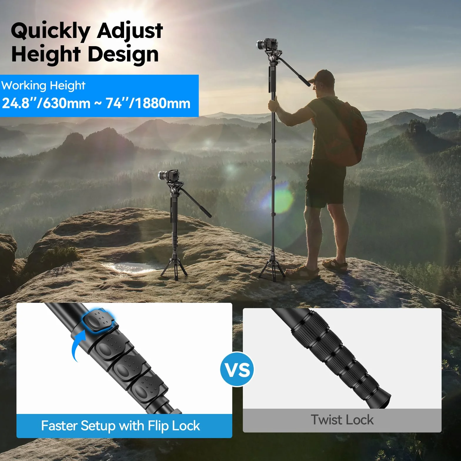 SIRUI Profesjonalny monopod aluminiowy teleskopowy z głowicą płynową Pan Tilt 8 kg