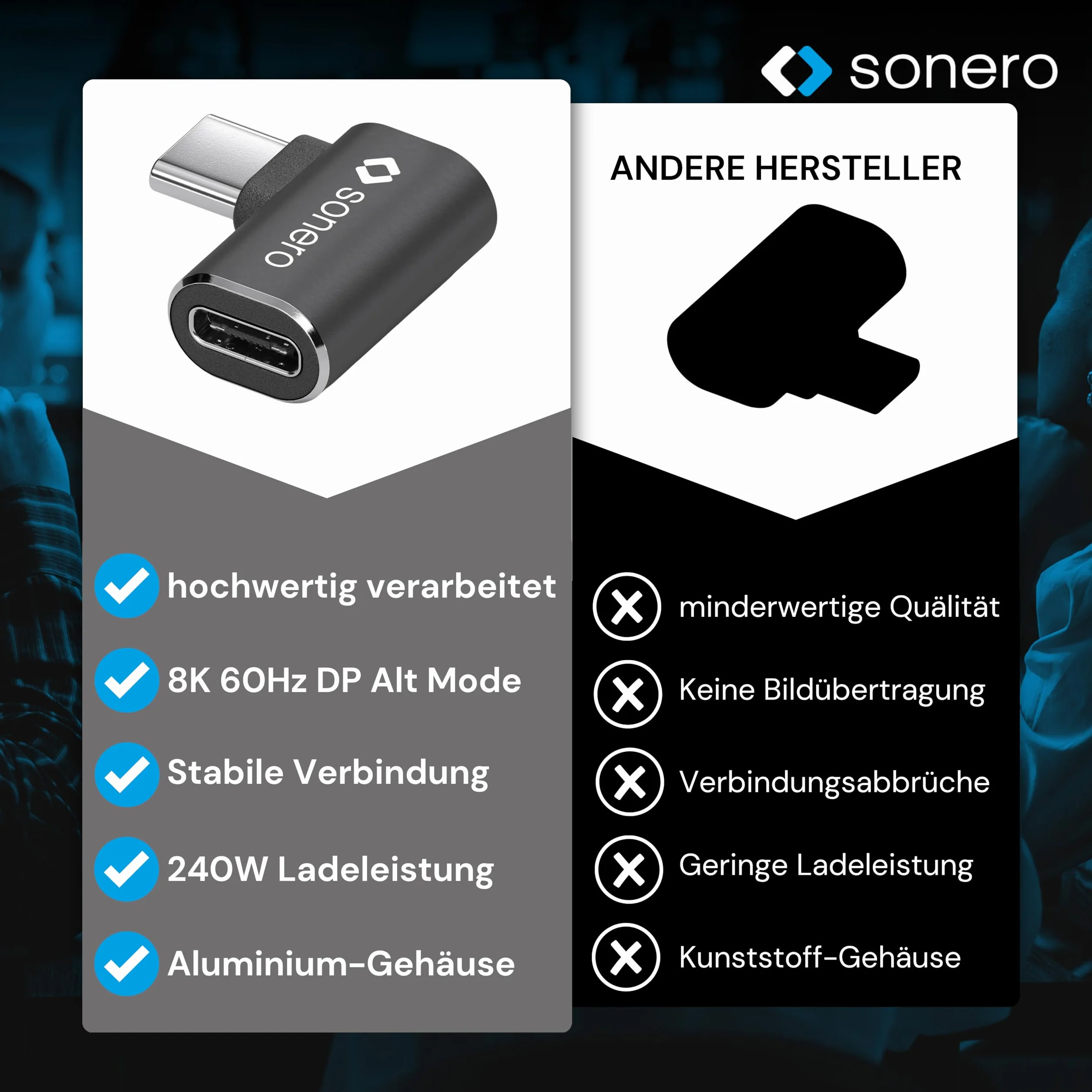 Sonero Adapter USB-C 90° 40 Gbps 240 W 8K60Hz Aluminiowa Obudowa Czarna