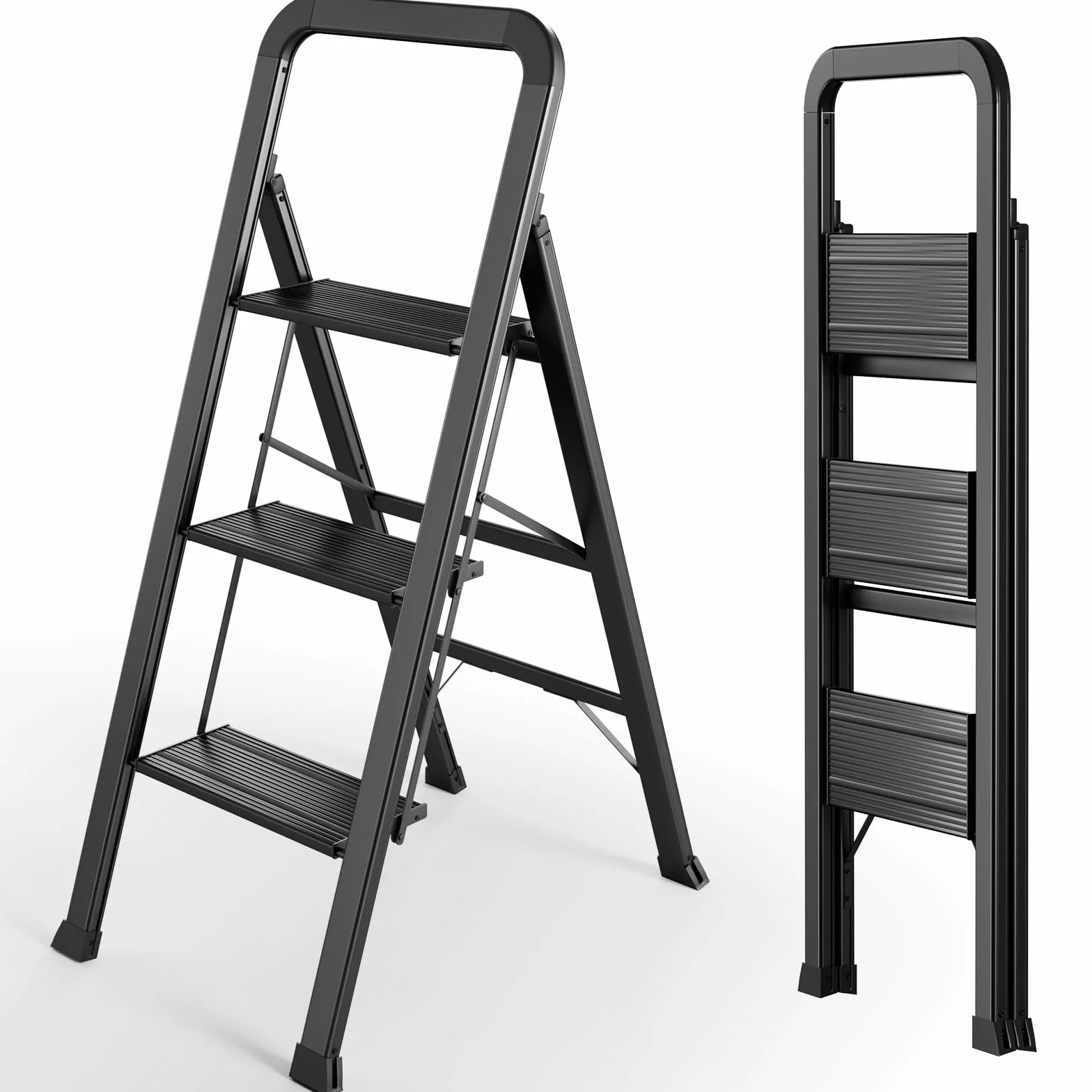 TLGREEN Aluminiowa drabina z poręczą, 3-stopniowa, składana, odporna na rdzę, antypoślizgowa, lekka, wielofunkcyjna, obciążenie do 150 kg, do kuchni, biura, domu, ogrodu