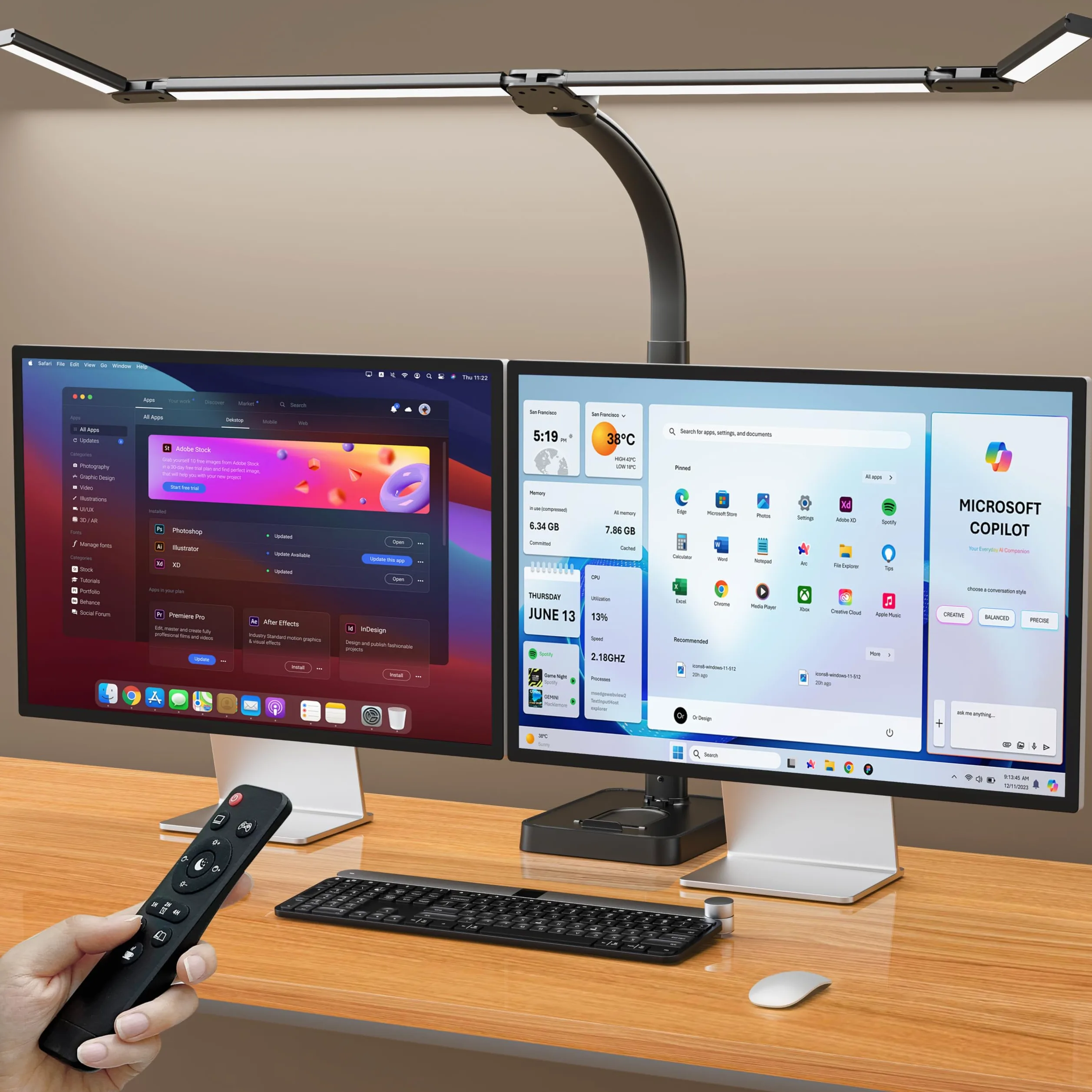 tantu Lampa biurkowa LED, ściemniana, 24 W, 80 cm, podwójna głowica, 5 kolorów i 5 poziomów jasności, lampa biurowa z trzonkiem (czarna)