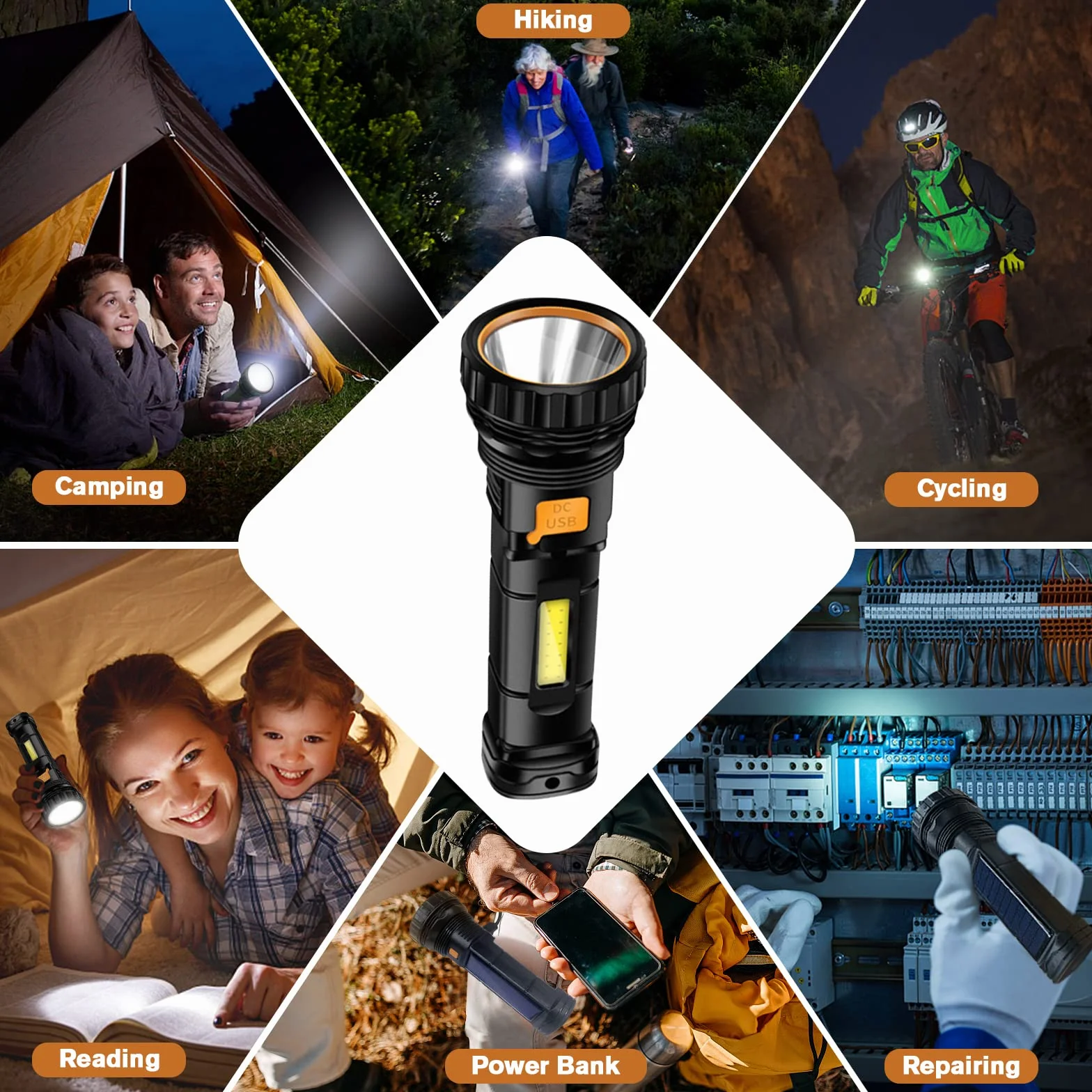 Latarka solarna LED, 1200 Mah, ładowalna, z ładowarką USB, IPX4, wodoodporna, 3 tryby światła, na kemping, wędrówki, w nagłych wypadkach