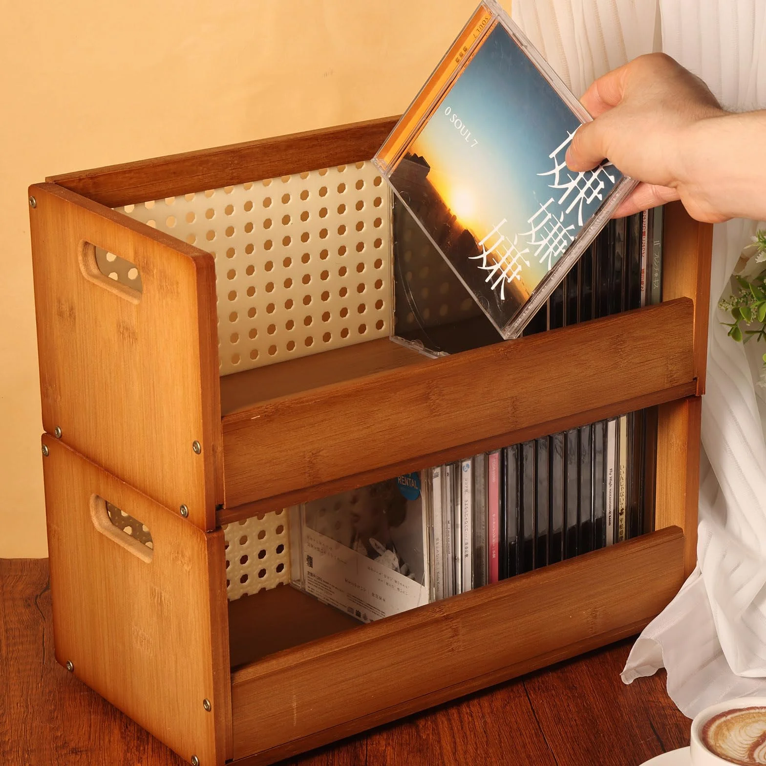 2 zestawy bambusowych pudełek do przechowywania płyt CD, stojak na płyty CD, organizer półka na filmy, DVD, stojak na taśmę kasetową, uchwyt na płyty z uchwytami do noszenia