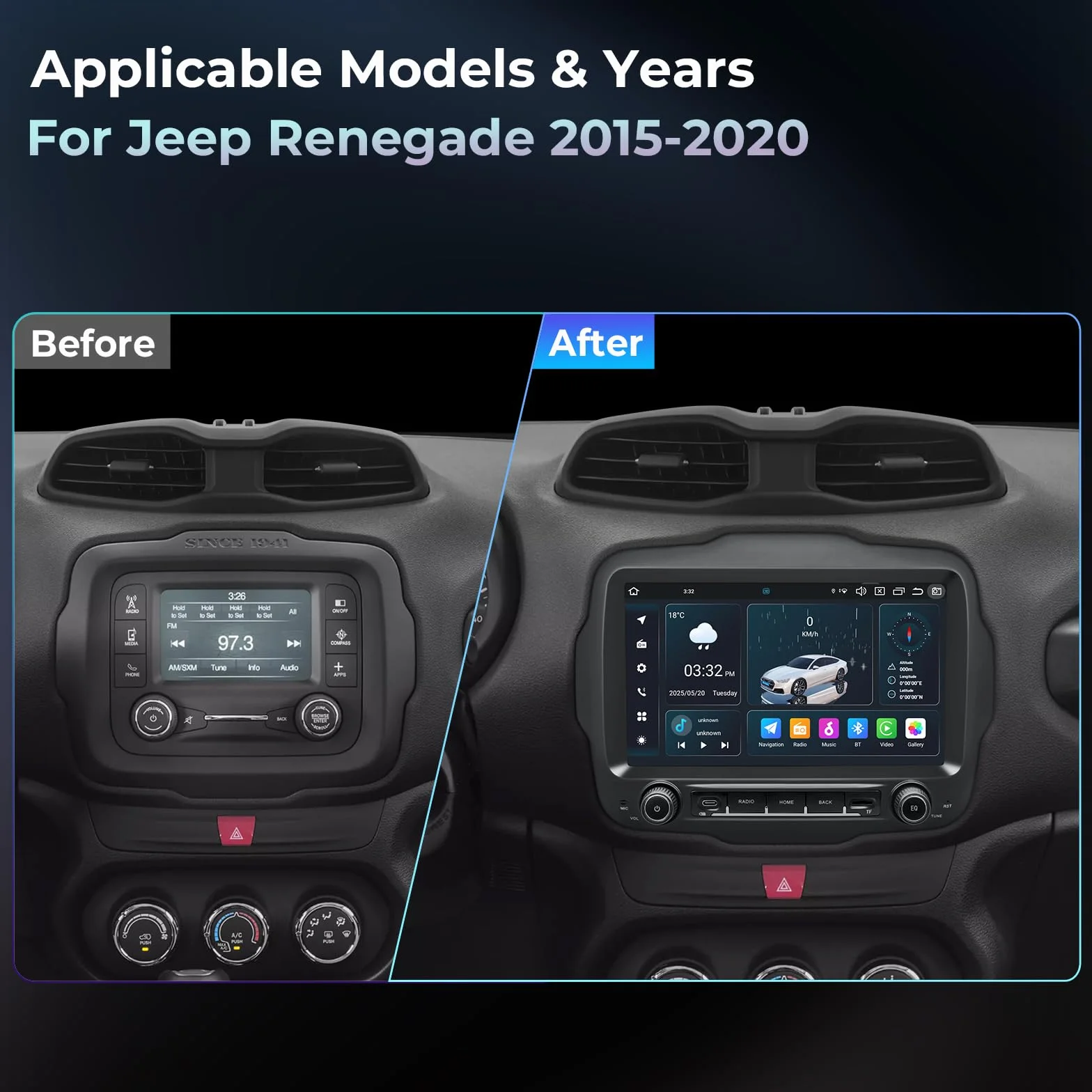 Radio samochodowe do Jeep Renegade 2015-2020 z 9-calowym ekranem dotykowym Android 14, obsługa bezprzewodowego CarPlay Android Auto, nawigacja GPS Bluetooth 5.0 WiFi 4G FM RDS DSP SWC DAB (4 +