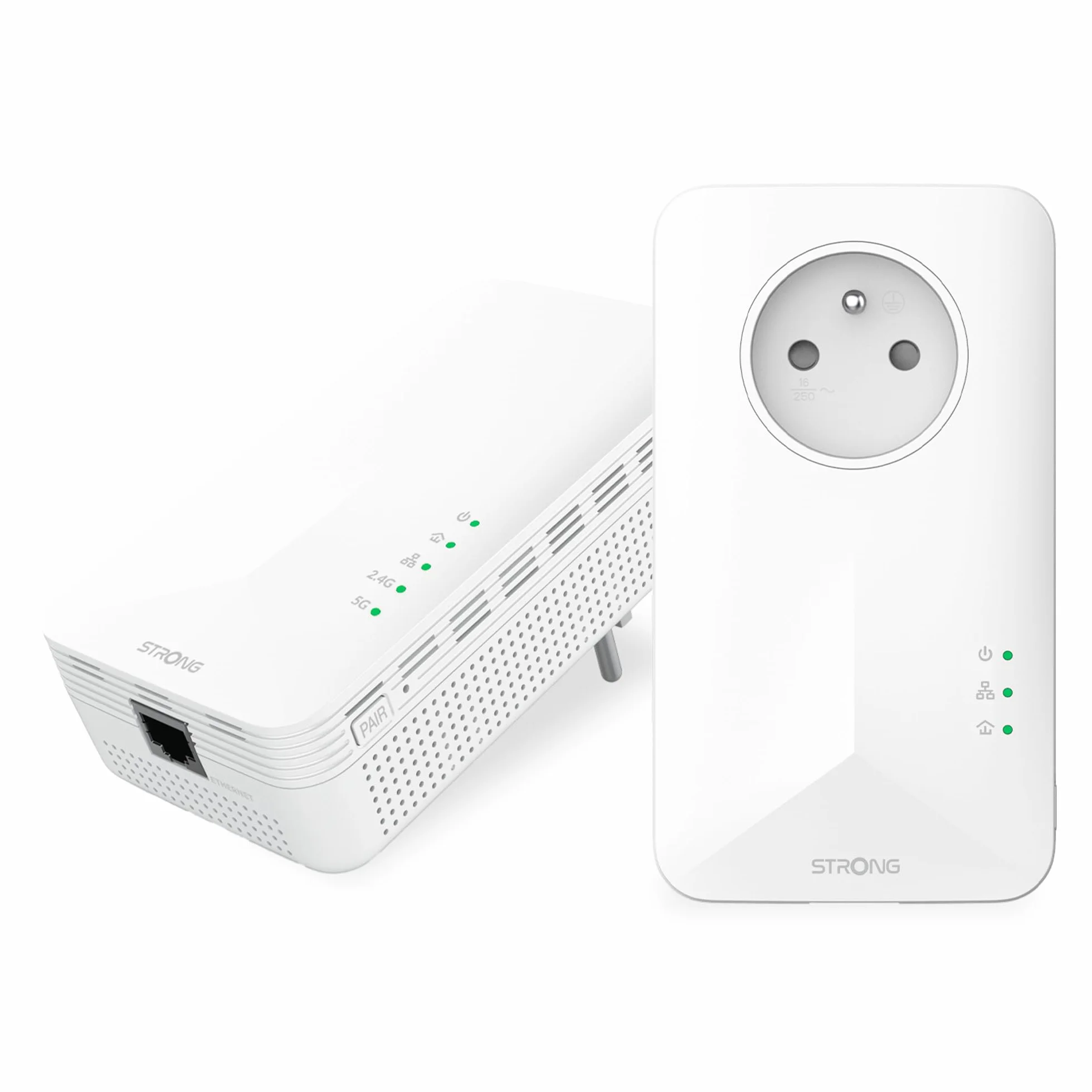 STRONG Zestaw Powerline 1000 - WiFi AC1200 Mbps CPL z portem Gigabit, zintegrowane gniazdo, kompatybilny z każdym pudełkiem/routerem, filtrowanym gniazdem, Plug and Play