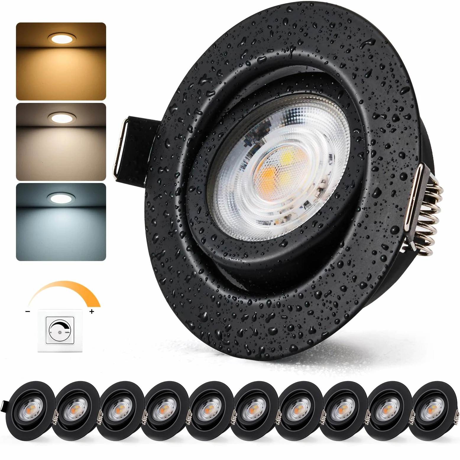 BOJIM Reflektor LED do zabudowy, sufitowy, 230 V, punktowe ściemniane IP44 7 W, metal czarny, wymiary otworu 68 mm, ciepła biel/zimna biel/neutralna biel, do łazienki, kuchni, salonu, zestaw 10 sztuk