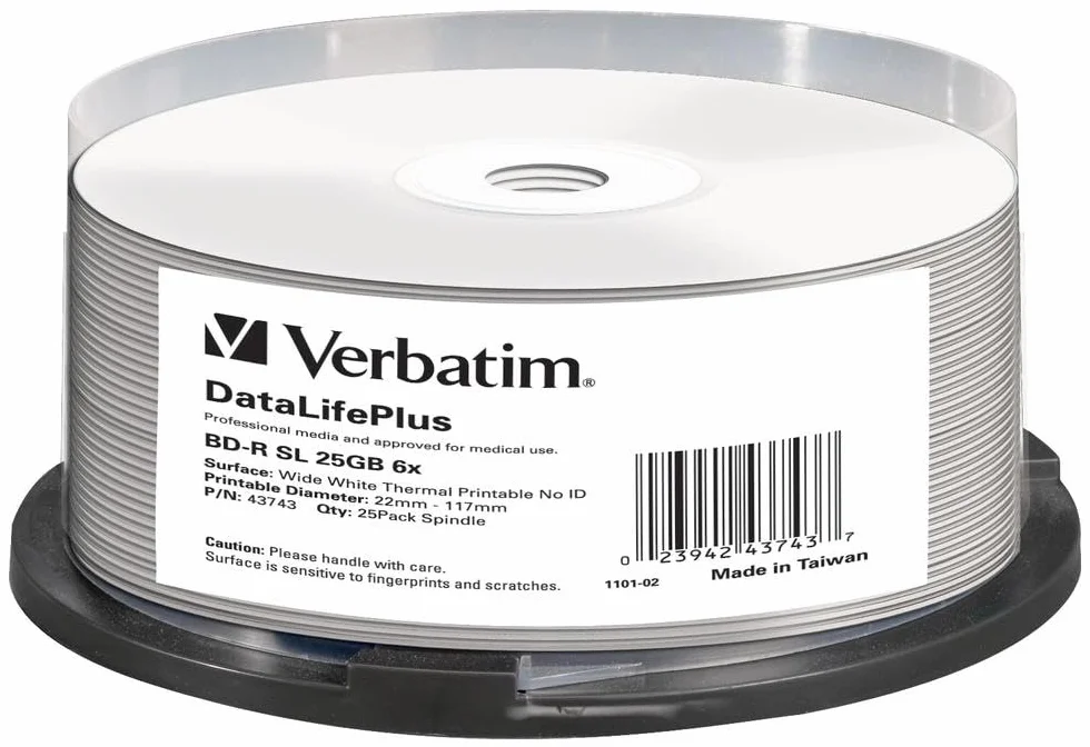 Verbatim BD-R Puste dyski Blu-ray 25 GB - 6x prędkość nagrywania, możliwość drukowania, 25-pak wrzeciona 43743