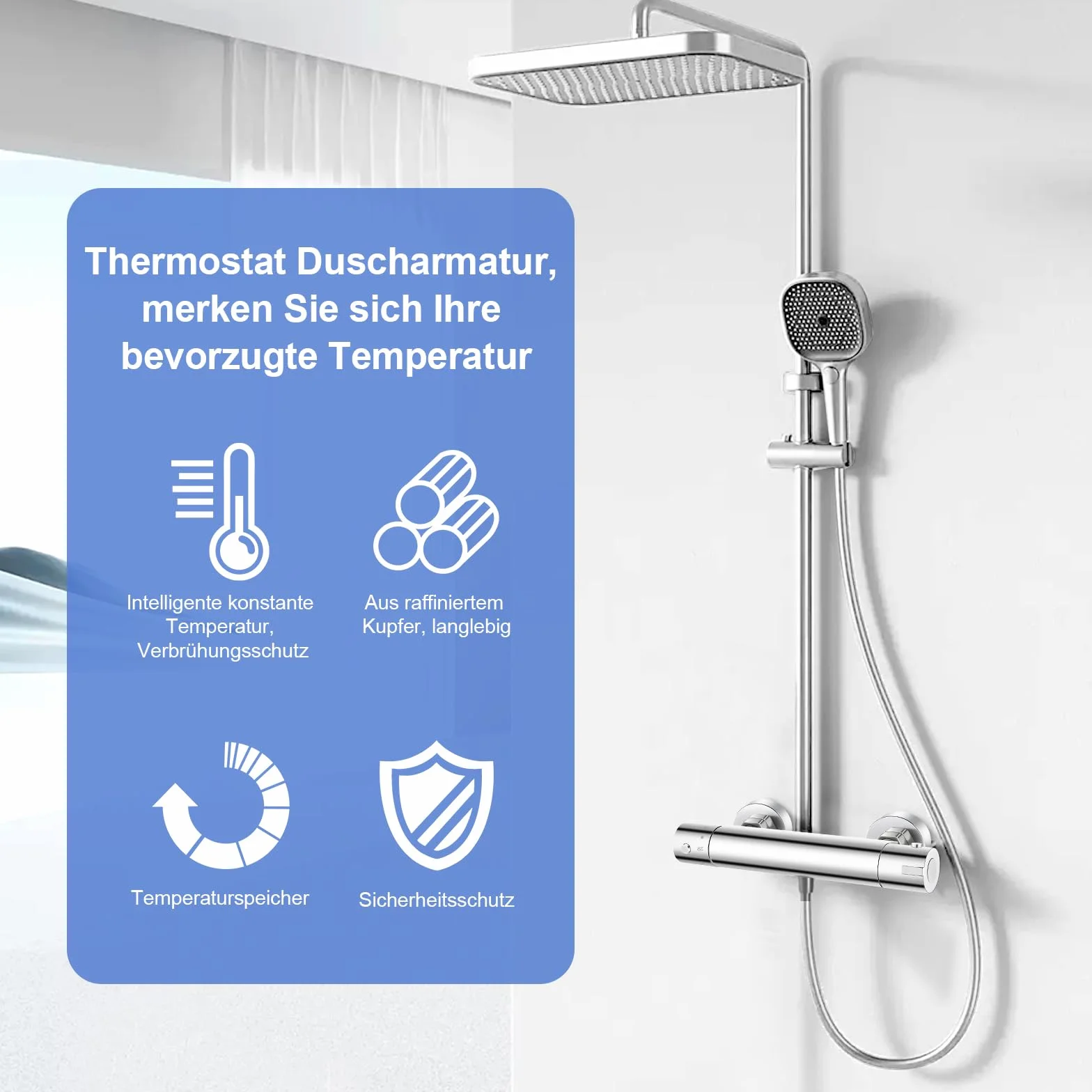 Armatura prysznicowa z termostatem, bateria mieszakowa, do montażu natynkowego, z blokadą bezpieczeństwa 38°C, termostat prysznicowy z mosiądzu, do wysokiego ciśnienia wody i standardowych