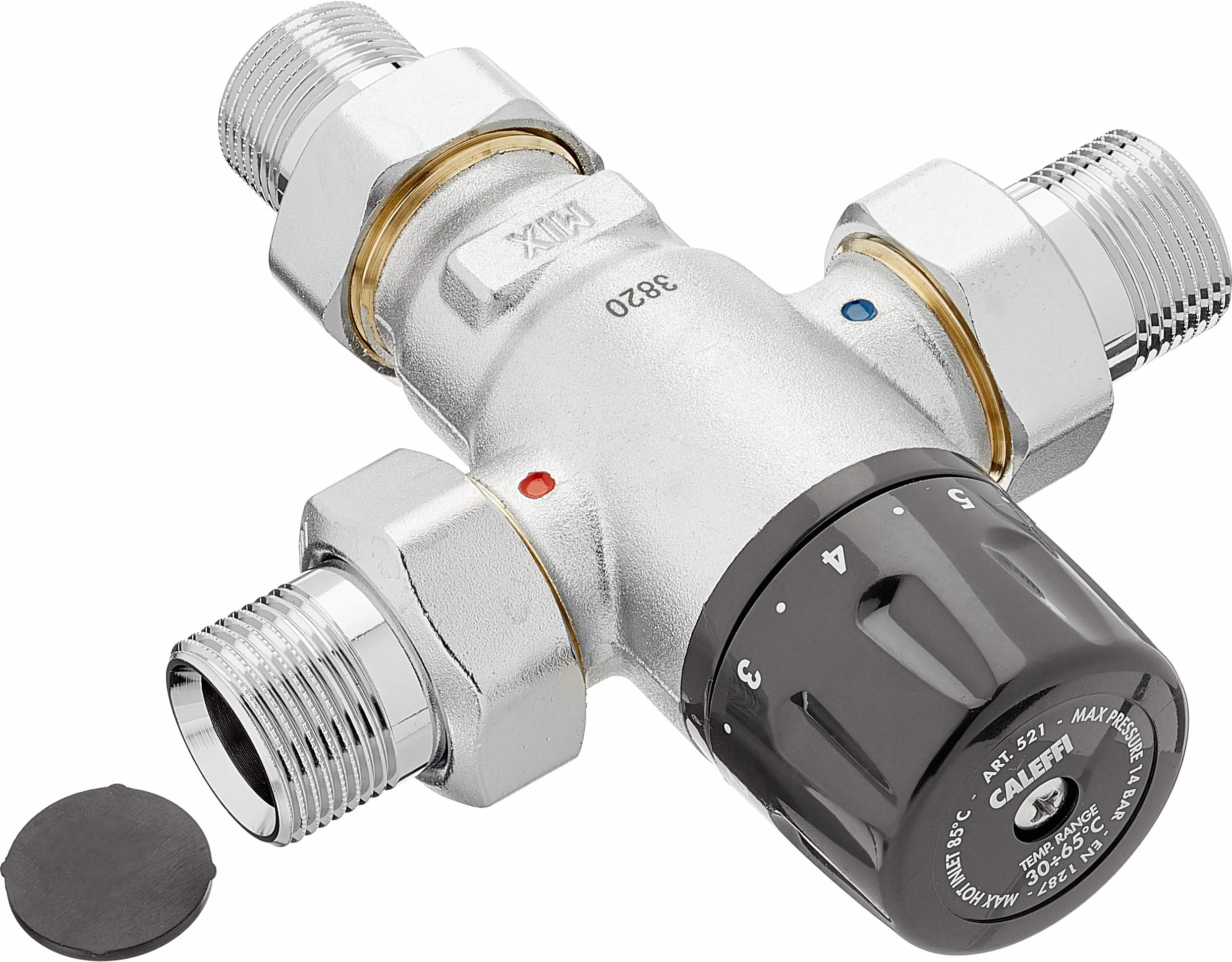 Caleffi 521500 termomikser 3/4 cala 30 – 65 °C odporny na zakamienie, regulowany, bez odzyskiwania cynku