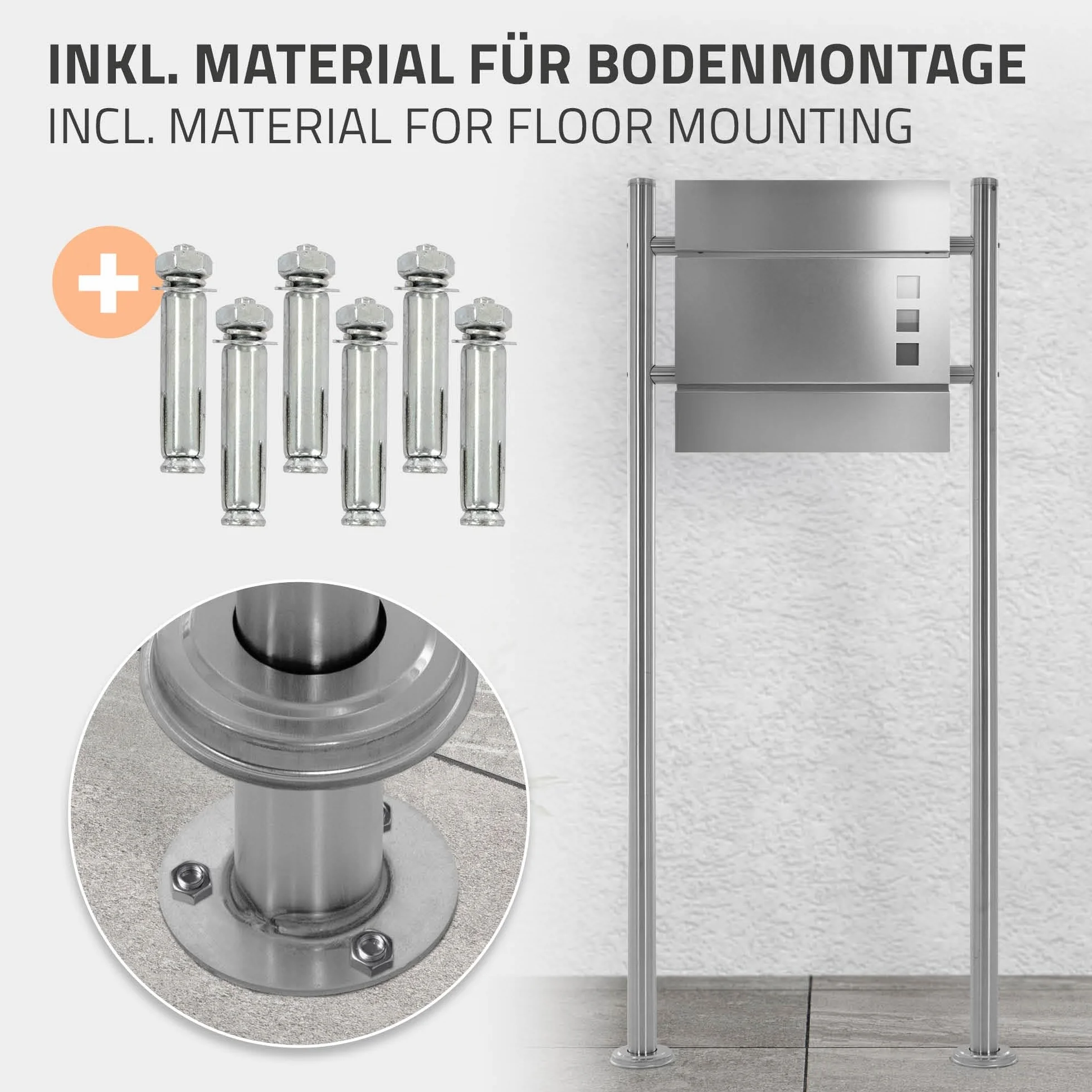 ML-Design Stojakna skrzynke na listy ze stali nierdzewnej srebrny metalik 120 cm, okragly, wolnostojacy, slupek przykrecany, uchwyt do montazu na scianie, nowoczesny, trwaly