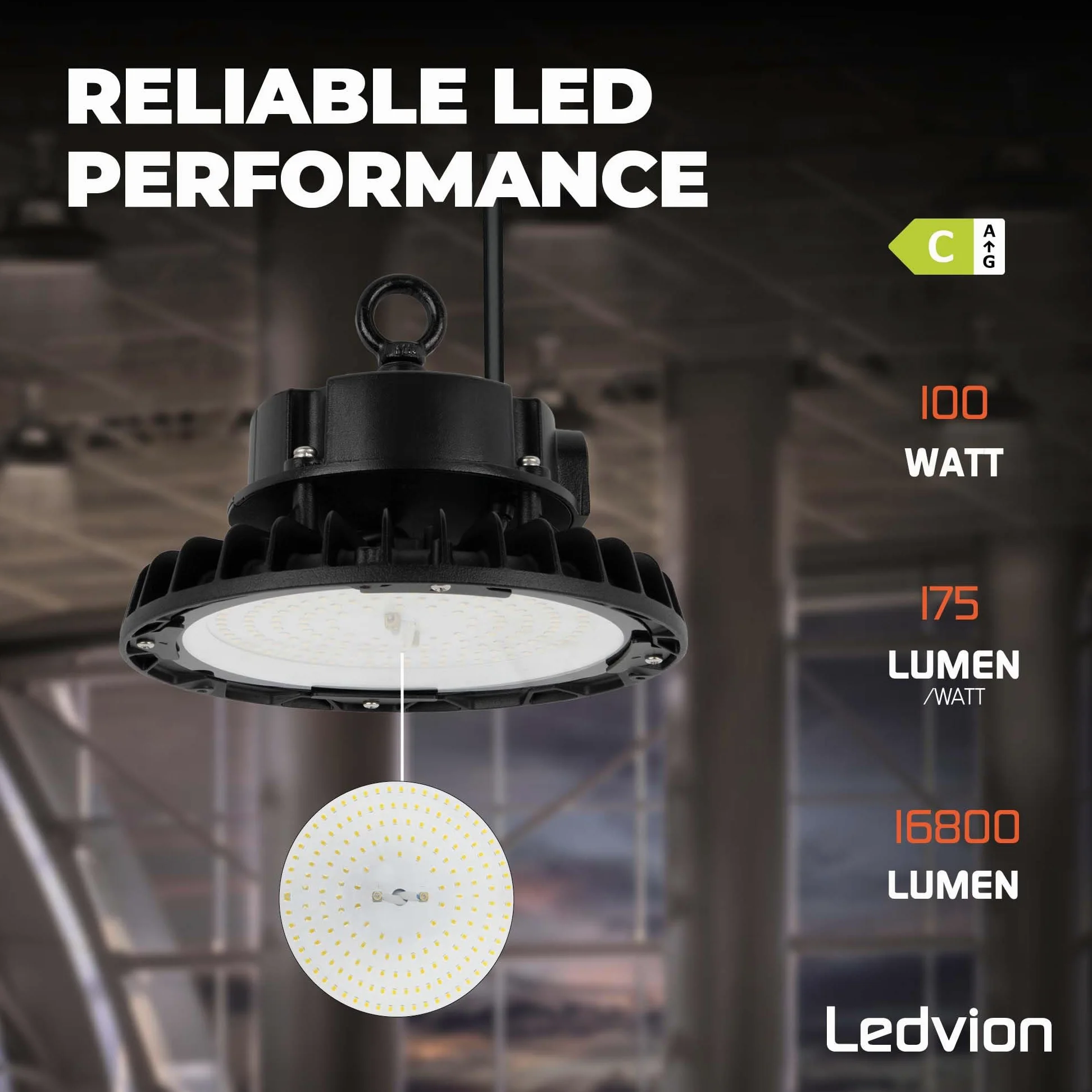 Ledvion - Sterownik LED High Bay 100 W, możliwość ściemniania, 175 lm/W, 17.500 lm, 3000K, IP65, 5 lat , lampa UFO