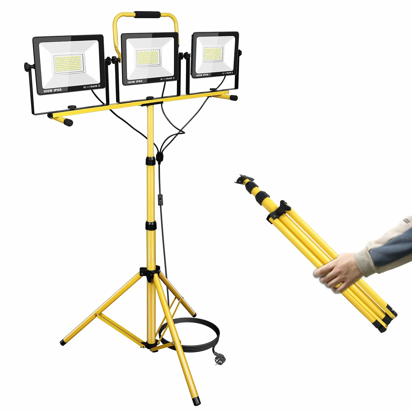 RIGIDON Lampa robocza LED 300 W ze statywem, wodoodporna lampa robocza LED ze statywem, 175 V-265 V, 6000K, z teleskopowym statywem, do garażu, budowy, warsztatu zewnętrznego