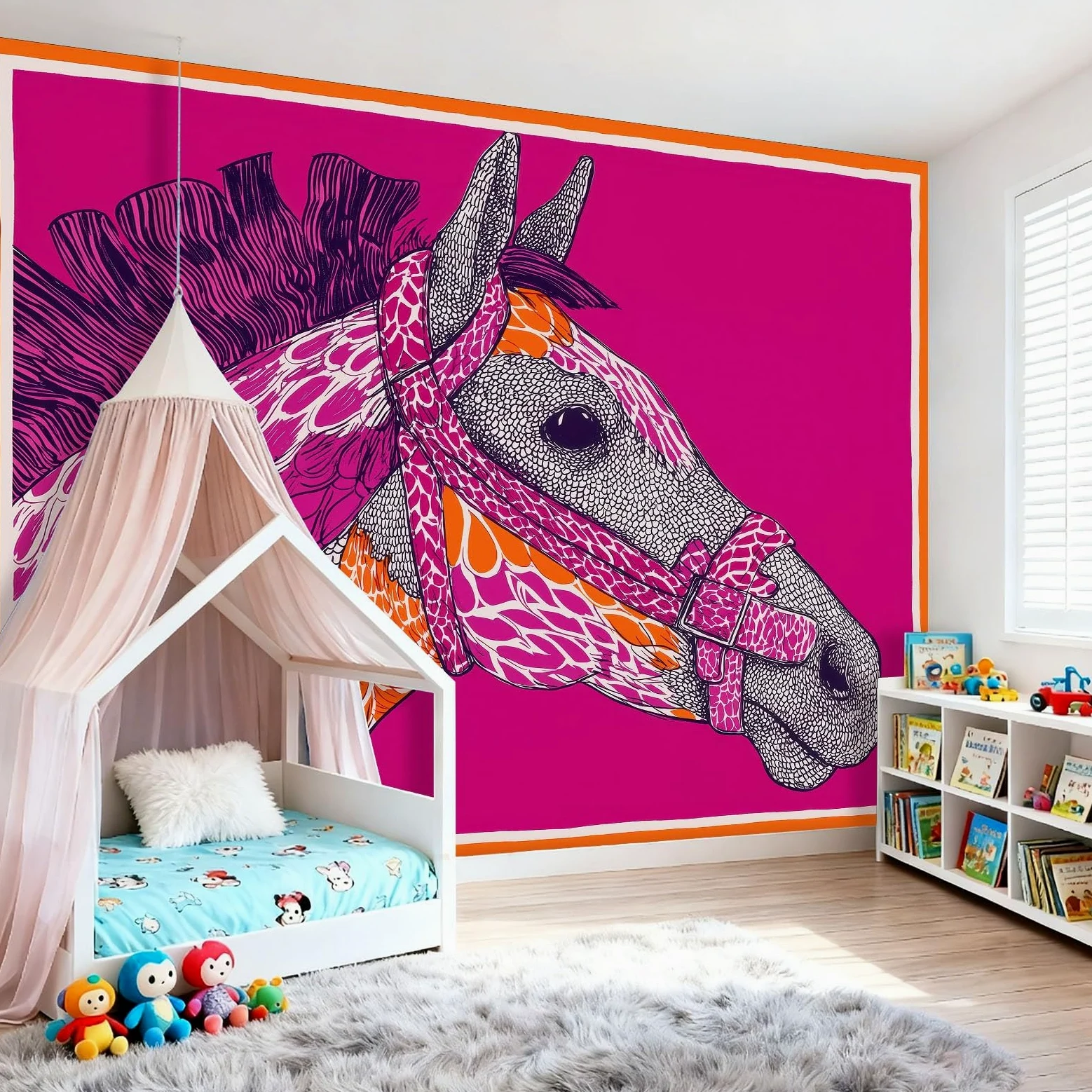 Tapeta 300 x 210 cm, abstrakcyjny wzór konia pop art, dekoracja z włókniny do pokoju dziecięcego i ściany TV, różowa