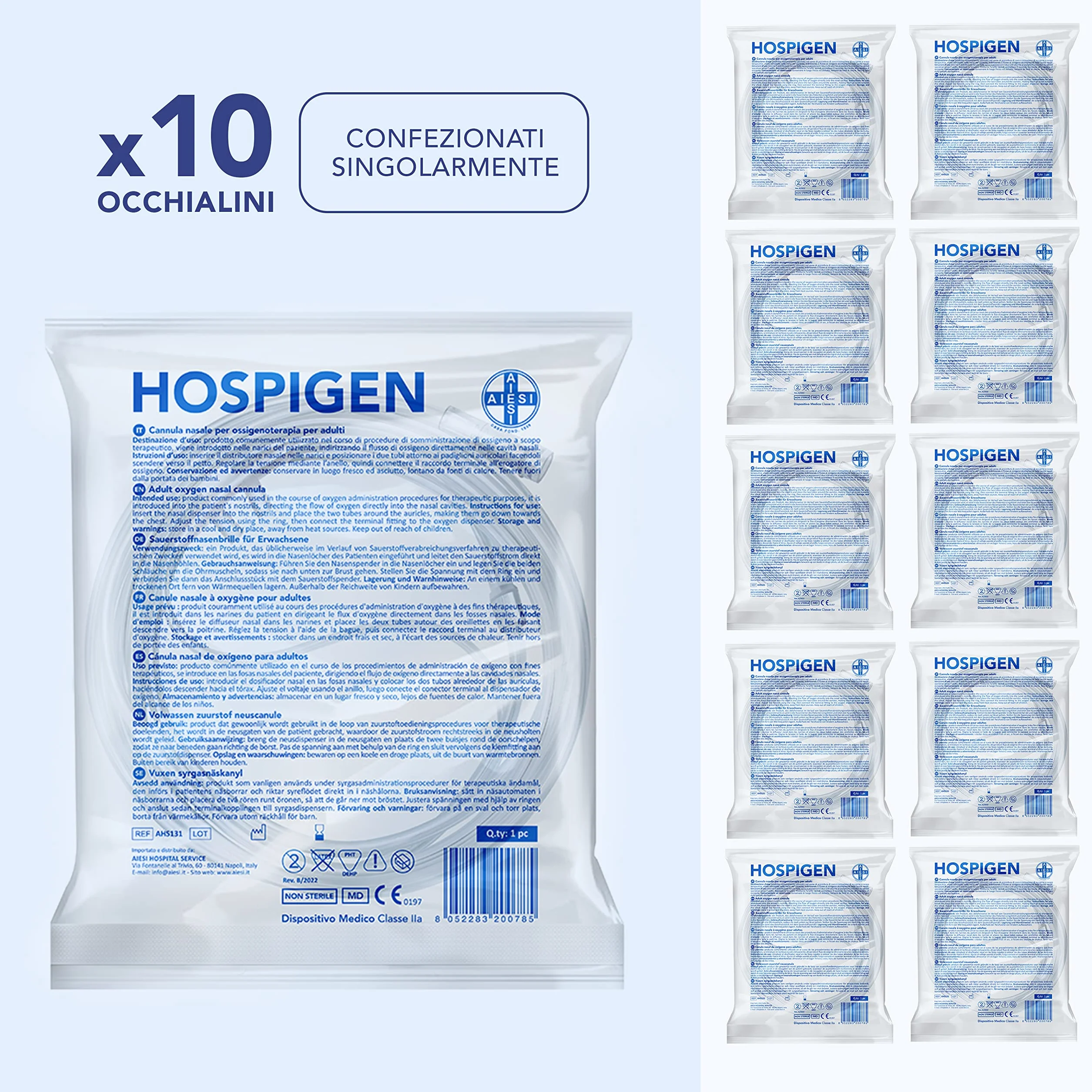 AIESI® HOSPIGEN okulary tlenowe przezroczyste dla dorosłych z wężem o długości 2,1 m (opakowanie 10 sztuk)