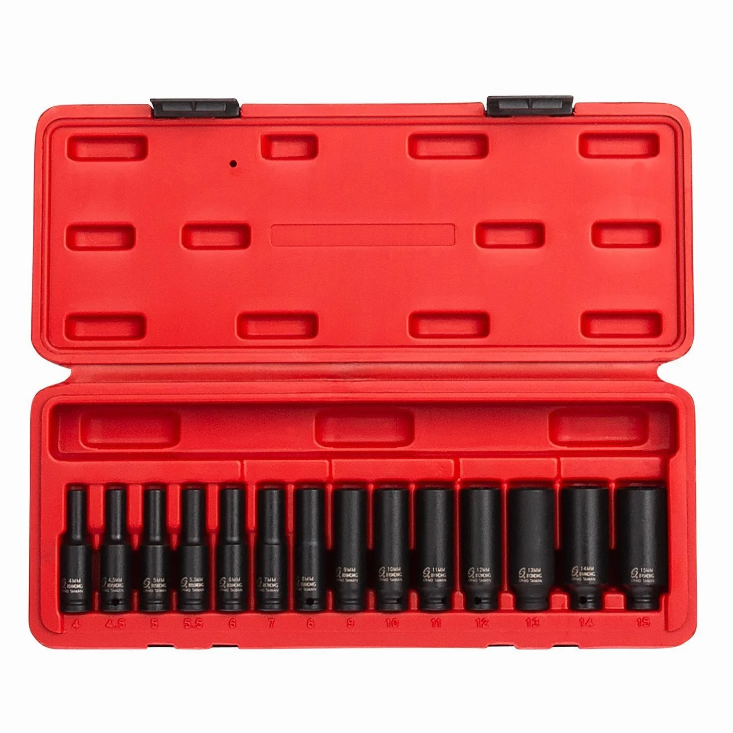 Sunex 1831, 1/4 cala głęboko magnetyczny zestaw gniazd udarowych, 14-częściowy, metryczny, 4 mm - 15 mm, stal stopu Cr-Mo, wytrzymała obudowa do przechowywania, spełnia normy ANSI