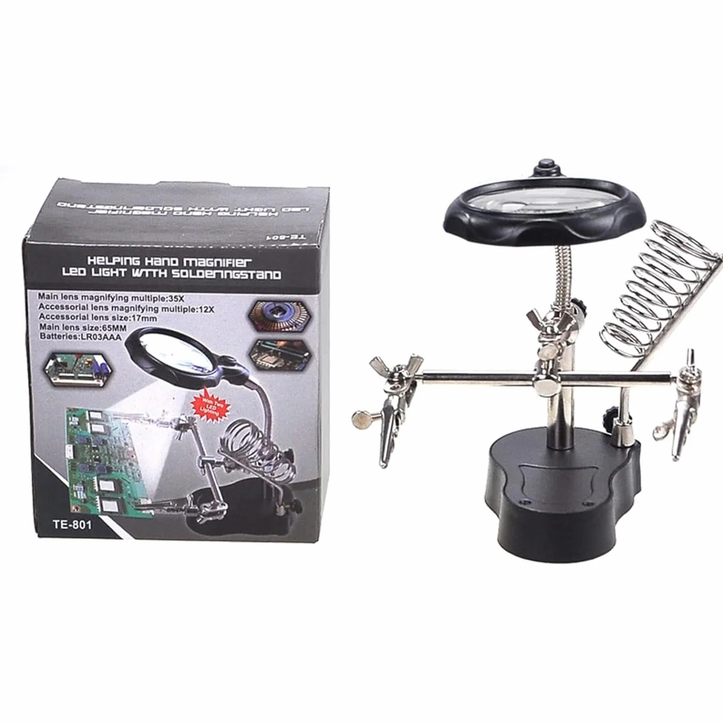 Trzecia ręka z lupą TE-801 - Powiększenie 3,5x/12x, LED x2 | Podstawa 10 x 6 cm, wysokość 26 cm, uchwyt na lutownicę, do lutowania, elektroniki, akcesoria warsztatowe