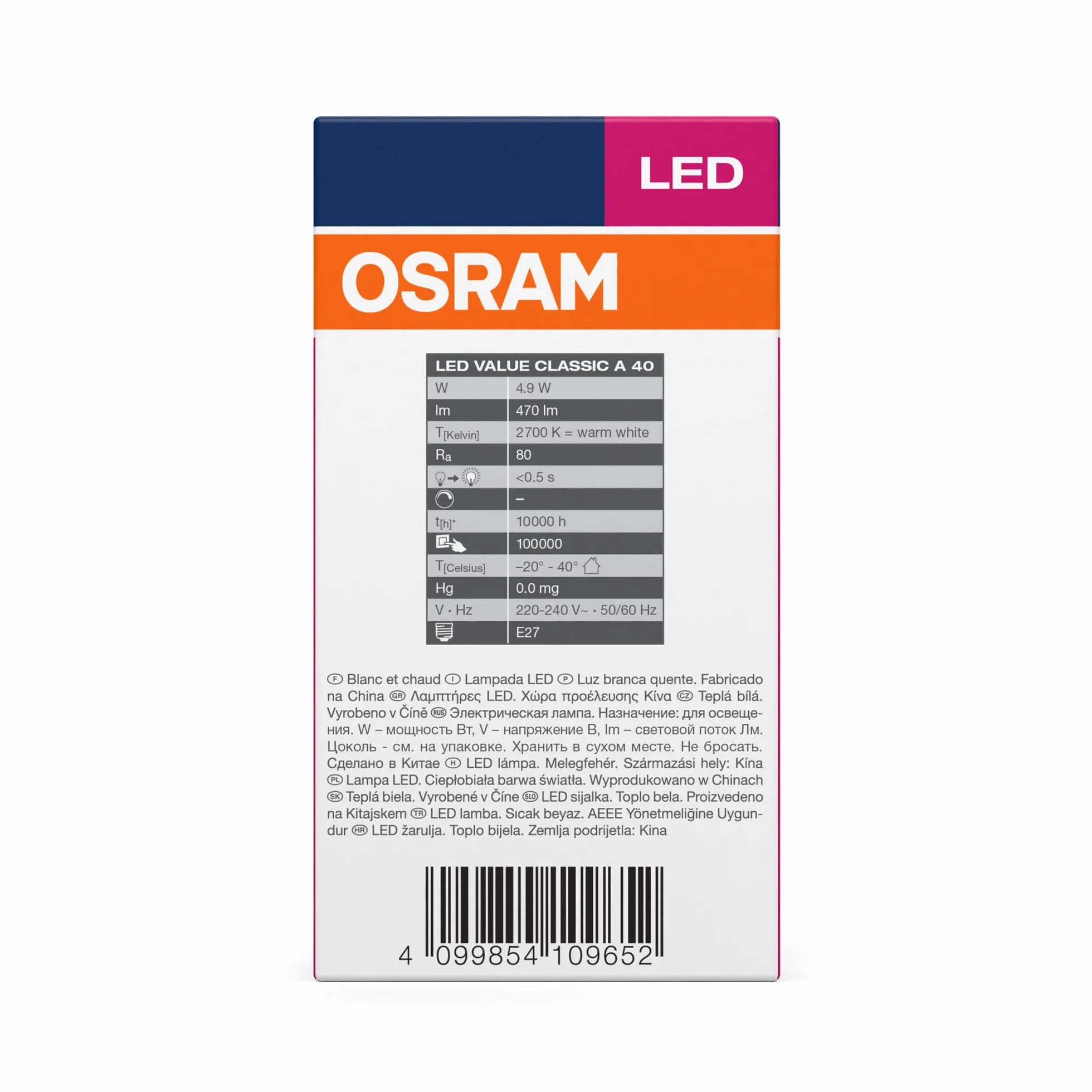 OSRAM LED Star Value Classic A40 Żarówka LED do gniazda E27, kształt gruszki, FR, 470 lumenów, ciepła biel (2700K), zamiennik konwencjonalnych żarówek 40W, bez możliwości ściemniania
