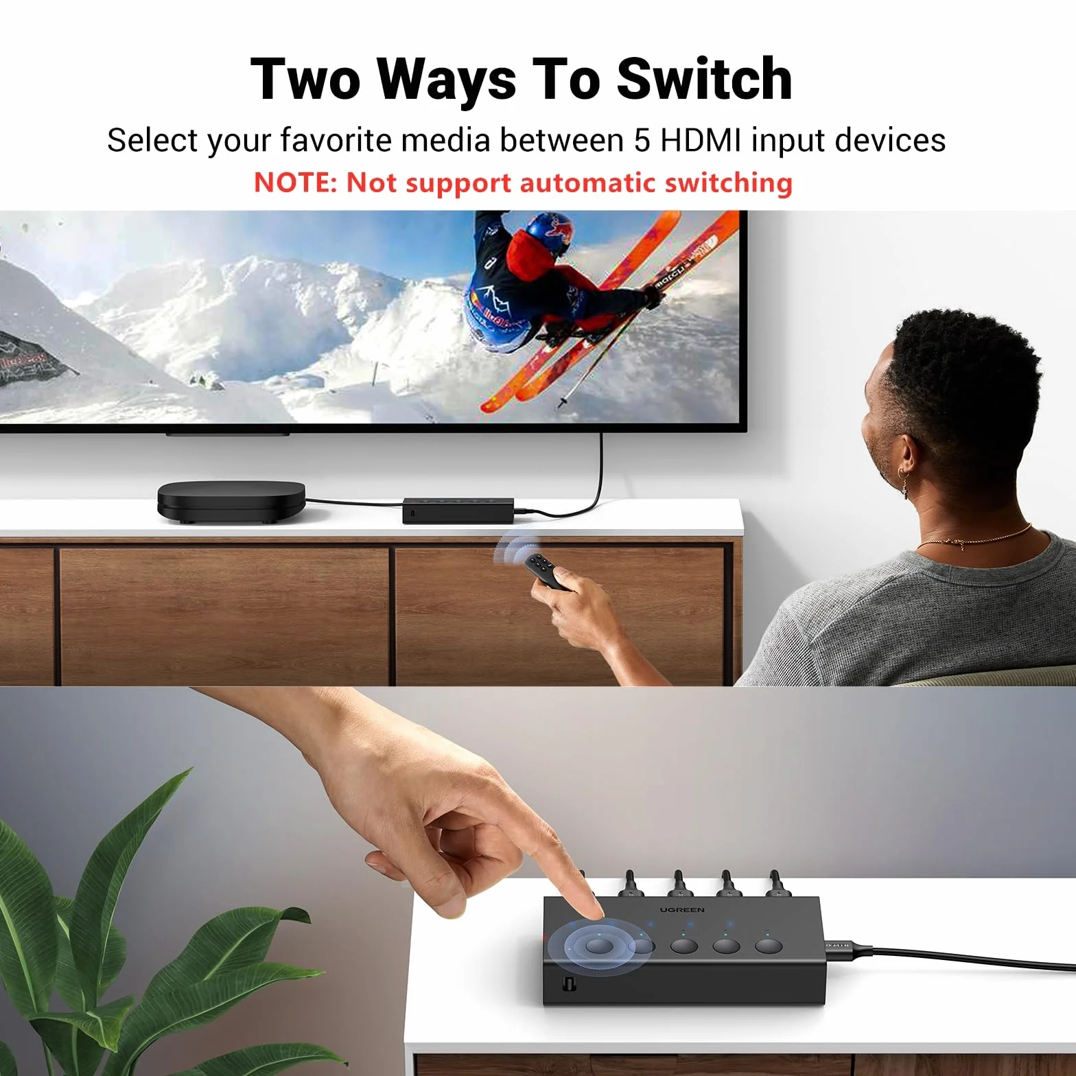 UGREEN HDMI 2.0 Przełącznik 5 w 1 wyjście HDMI Przełącznik Splitter 4K@60Hz Obsługa 3D/CEC/HDR/HDCP 2.2, Kompatybilny z PS5/4/3, Xbox, Apple TV, Skybox, Blu-Ray, HDTV, itp.