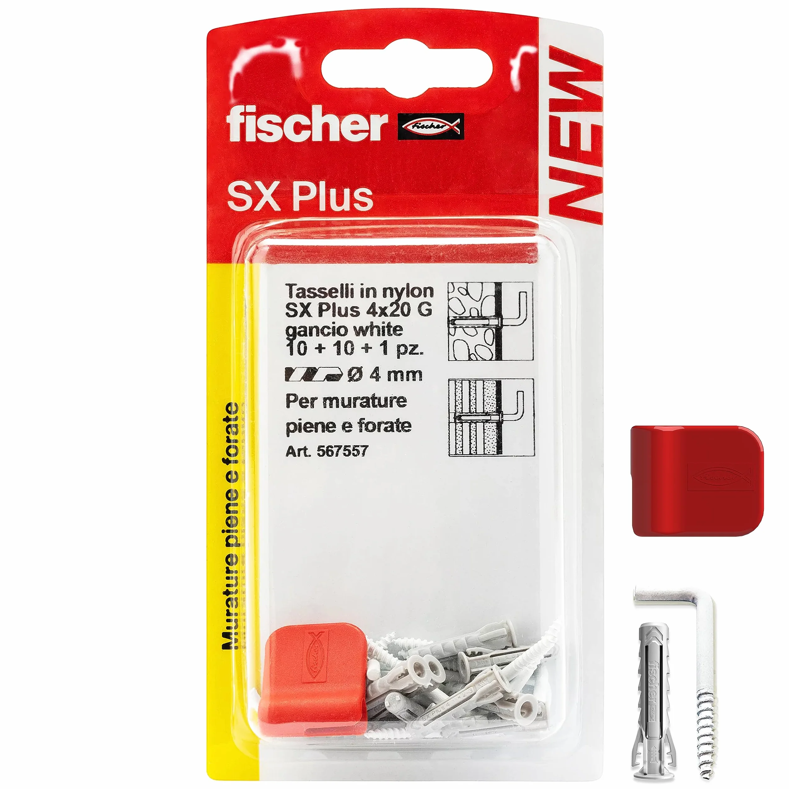 Fischer 10 haczyków do wieszania obrazów biały z kołkami 4 mm i klipsami mocującymi, czysty montaż na ścianie do ciężkich ram, 567557