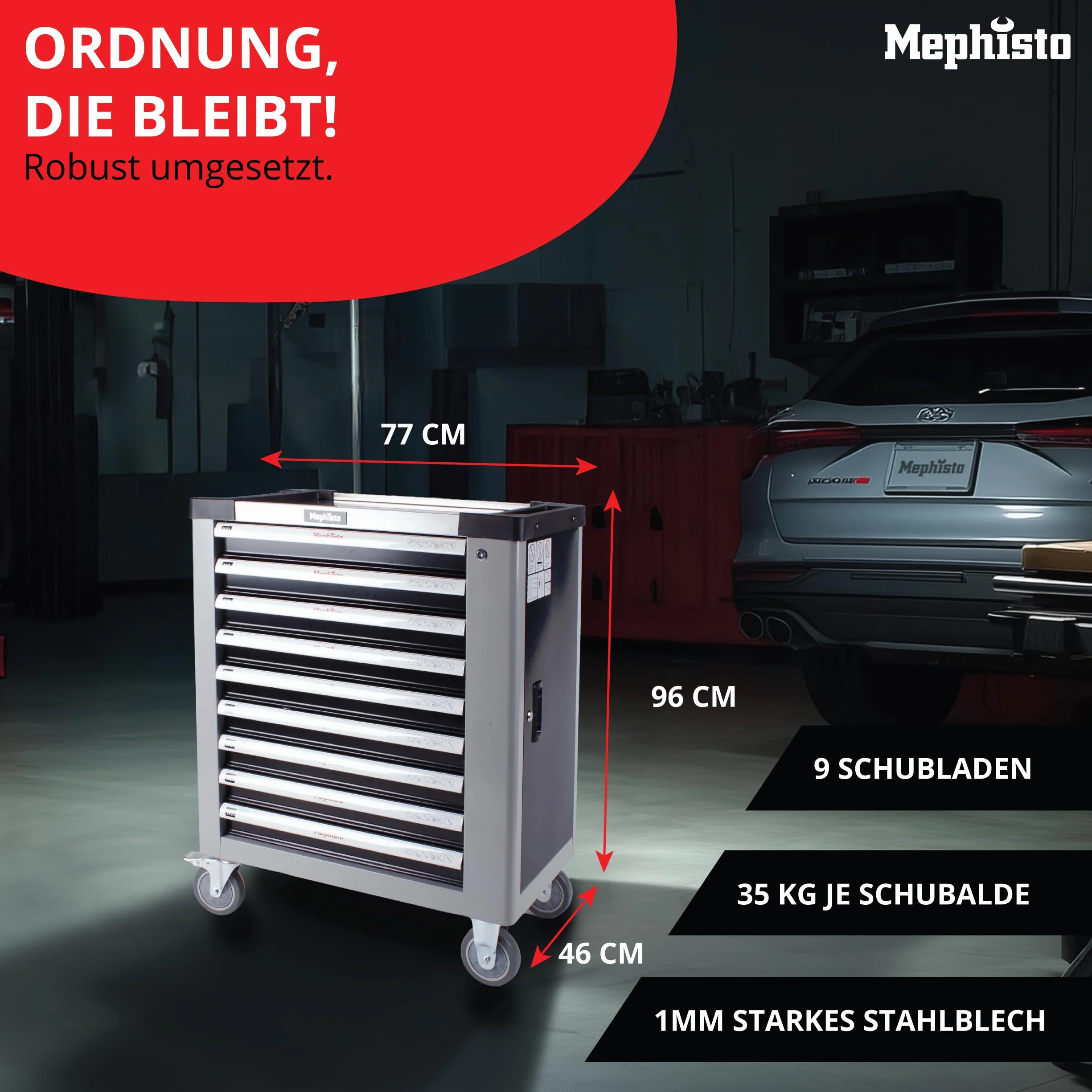Mephisto XXL Premium wózek warsztatowy z 9 szufladami, bez narzędzi