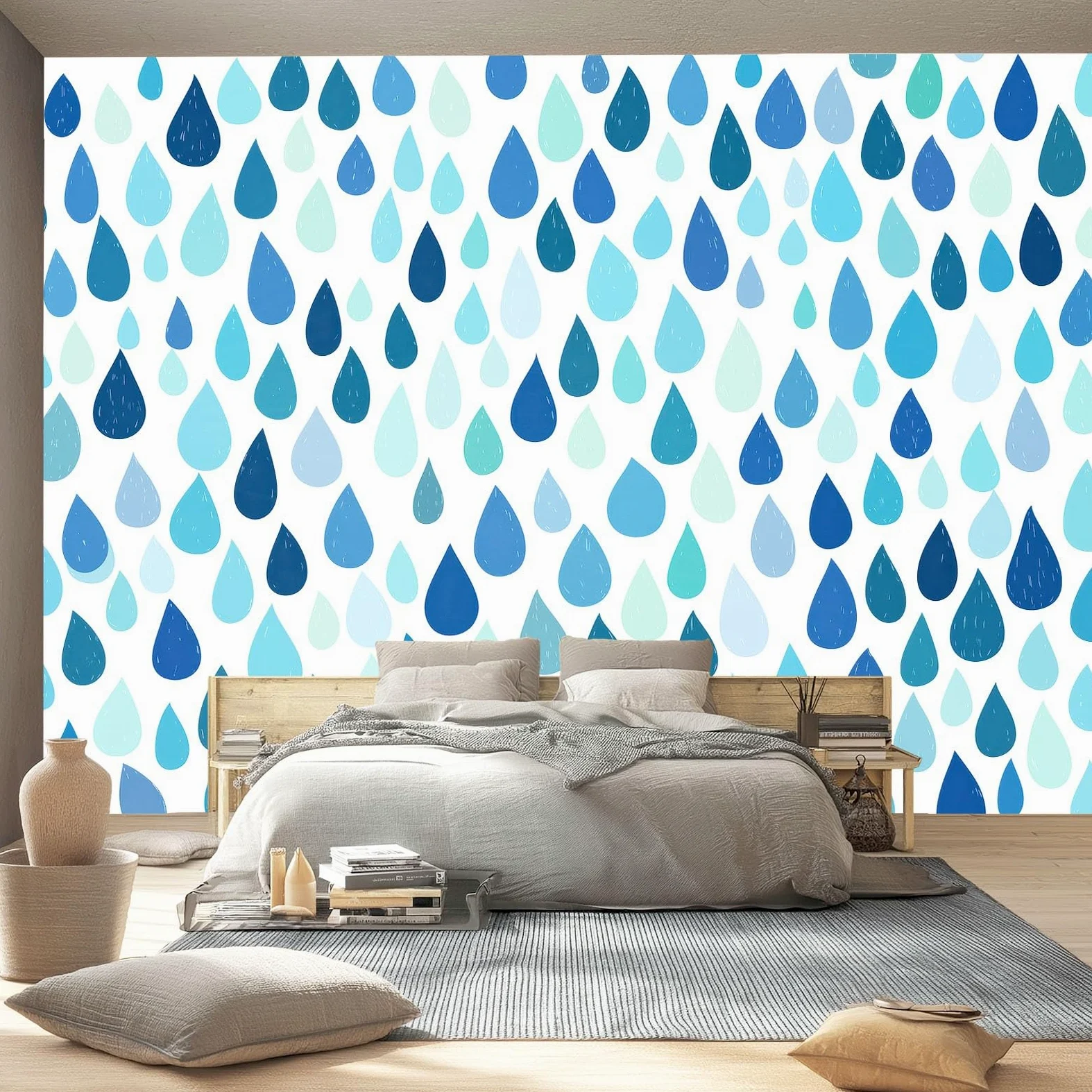 Minimalistyczny geometryczny mural ścienny z włókniny do sypialni, przy łóżku i przedpokoju, ściana akcentująca, 300 x 210 cm, niewklejony efekt 3D, duży plakat z fototapetą, niebieskie krople deszczu