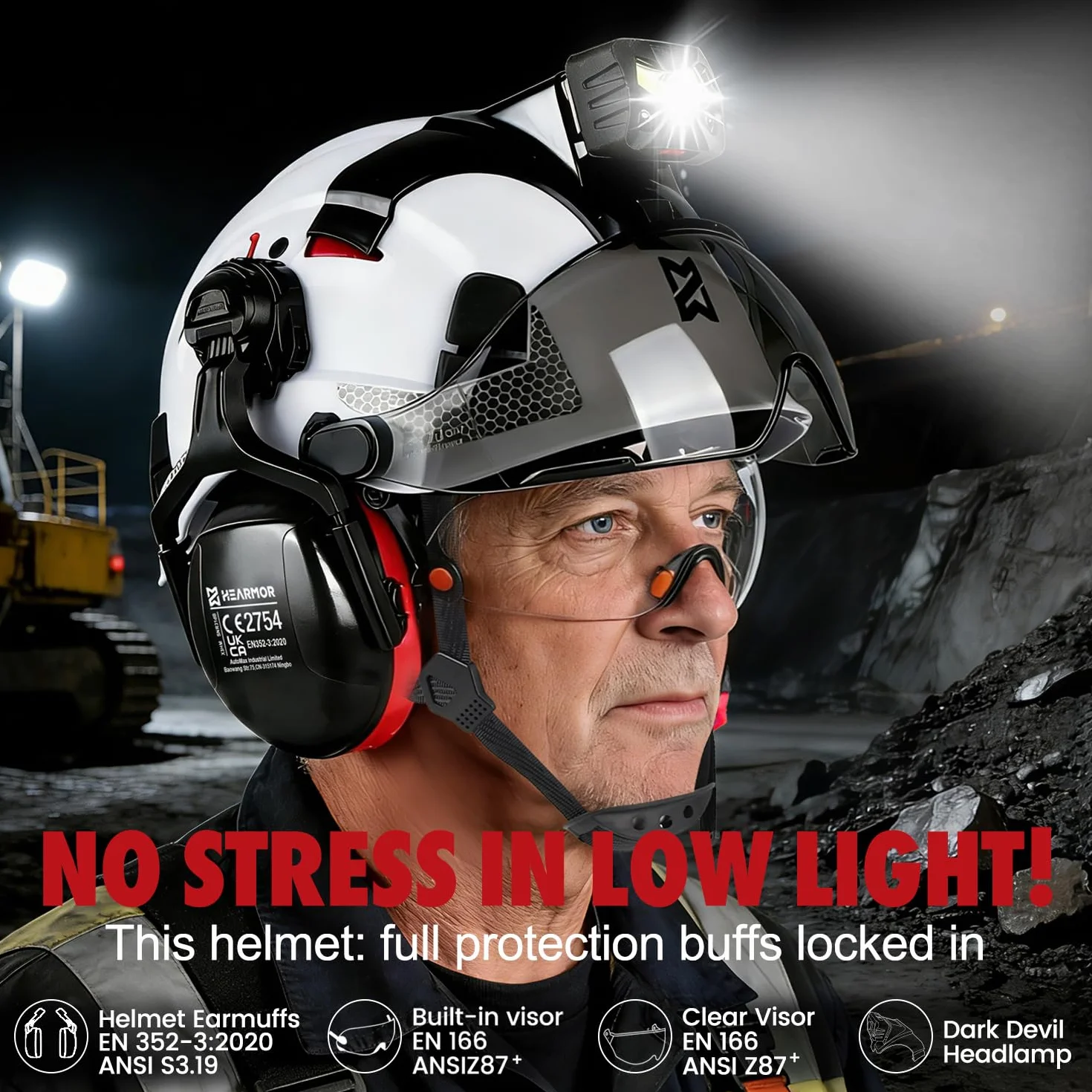 HEARMOR VOLTEK CE EN397 kask ochronny z certyfikatem CE EN397 z lampą czołową LED + wizjerem i ochroną słuchu | do prac leśnych, prac budowlanych i wspinaczki | wysokiej jakości kask roboczy z