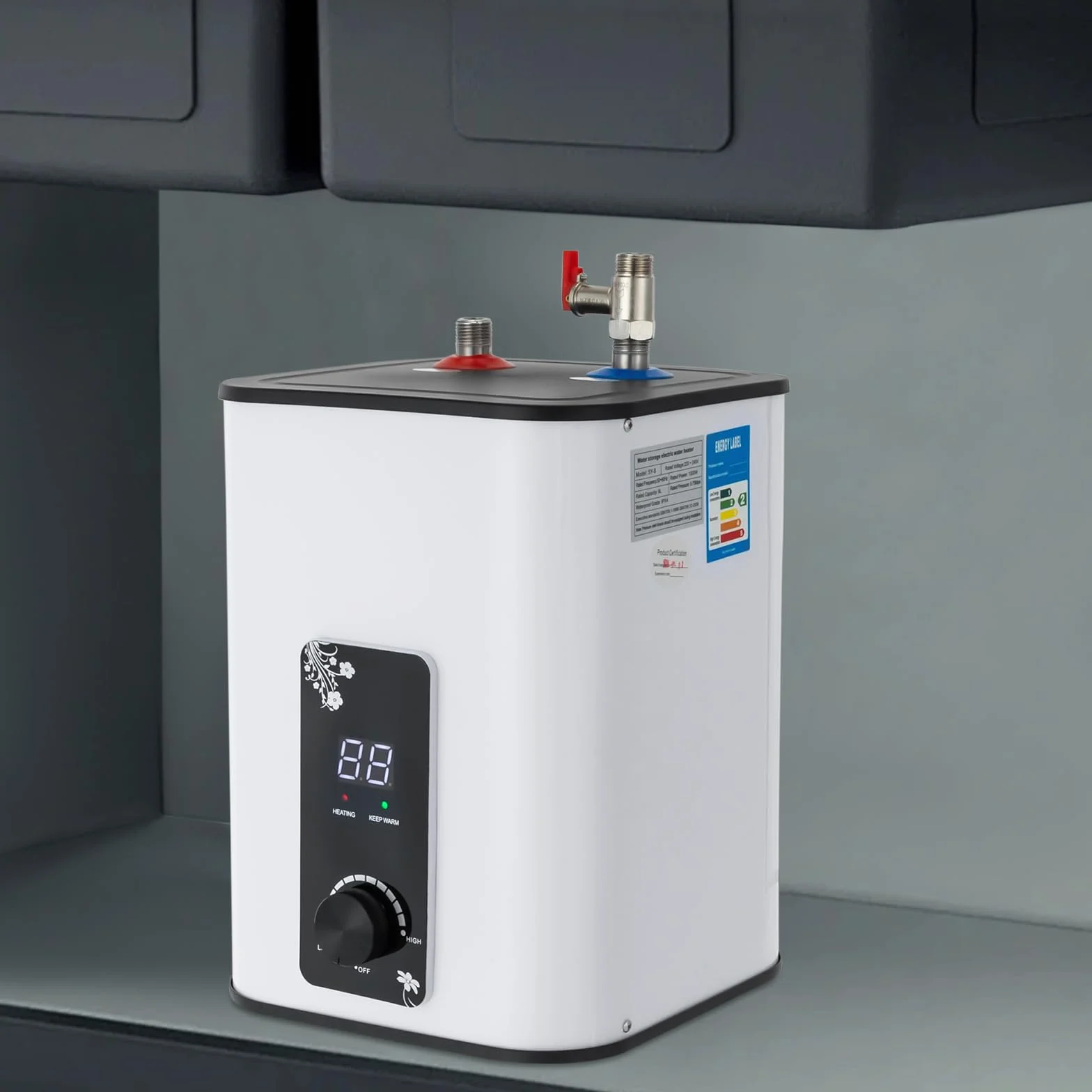 MINRS zbiornik na ciepłą wodę 8L podblatowy bojler 1500W mały odporny na ciśnienie zbiornik na ciepłą wodę z funkcją termostopu podblatowy bojler 0-65℃ Regulowana temperatura Regulowana do kuchni
