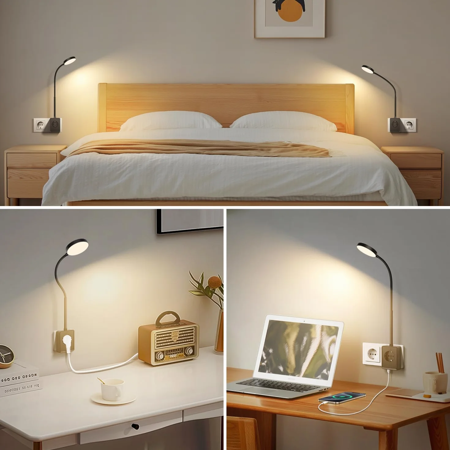 Aigostar Lampka do Czytania LED do Kontaktu - Kinkiet z Gniazdem Elektrycznym 230V, Porty USB A i Typu C, Sterowanie Dotykowe, 3 Barwy Światła, Elastyczne Ramię 360°, do Sypialni, Czarny