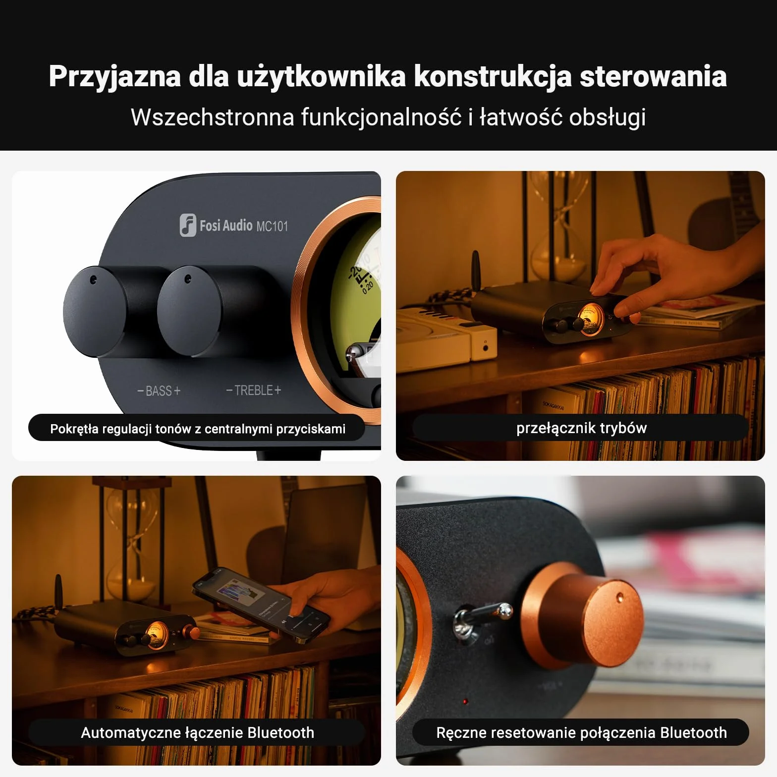 Fosi Audio MC101 Bluetooth Wzmacniacz Stereo HiFi 2 Kanałowy Mini Wzmacniacz Domowe Audio Odbiornik z Regulacją Tonów Niskich i Wysokich