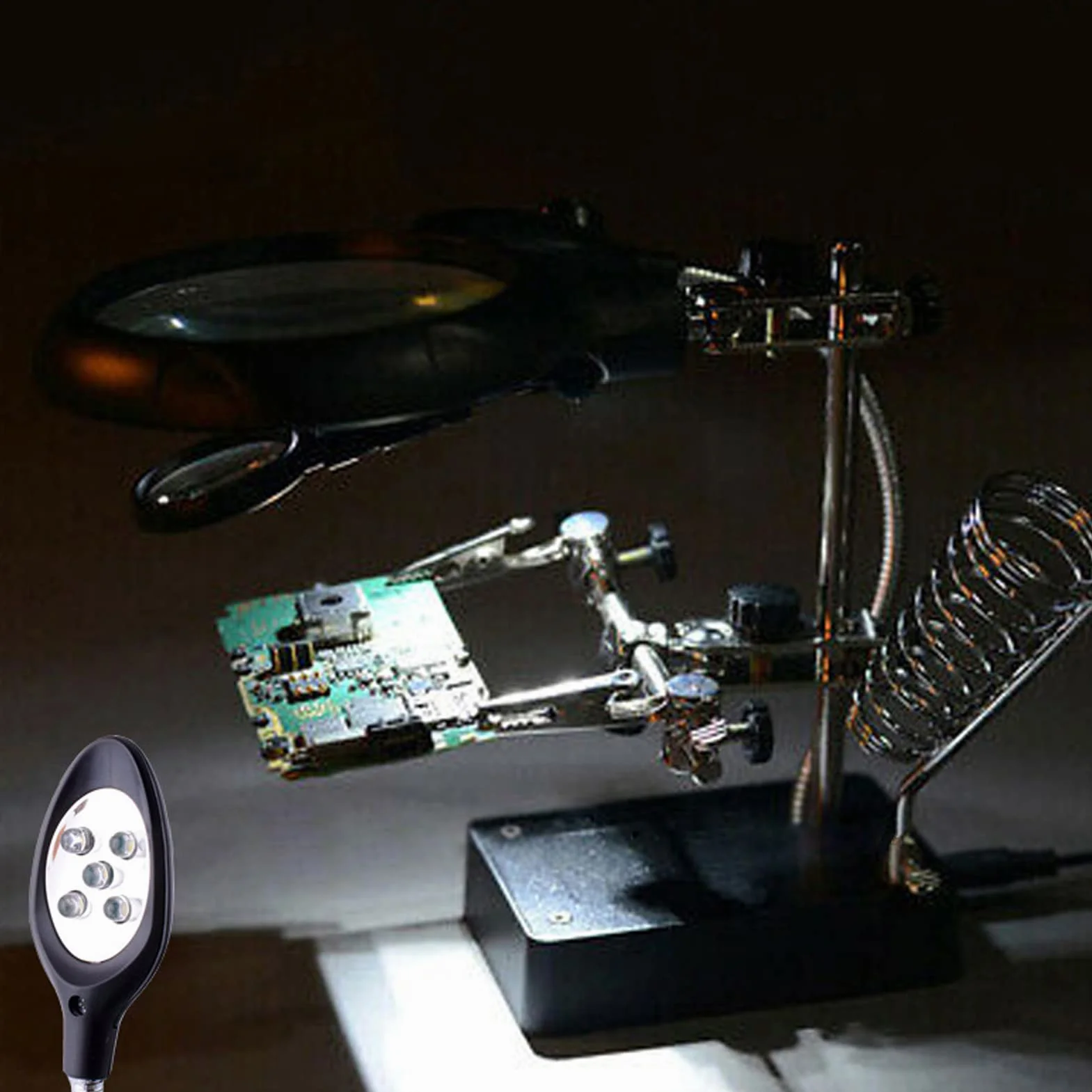 Lupa lutownicza 2,5 x 7,5 x 10 x LED Helping Hands, stojak na lupę z klipsami do lutownicy (wtyczka UE)