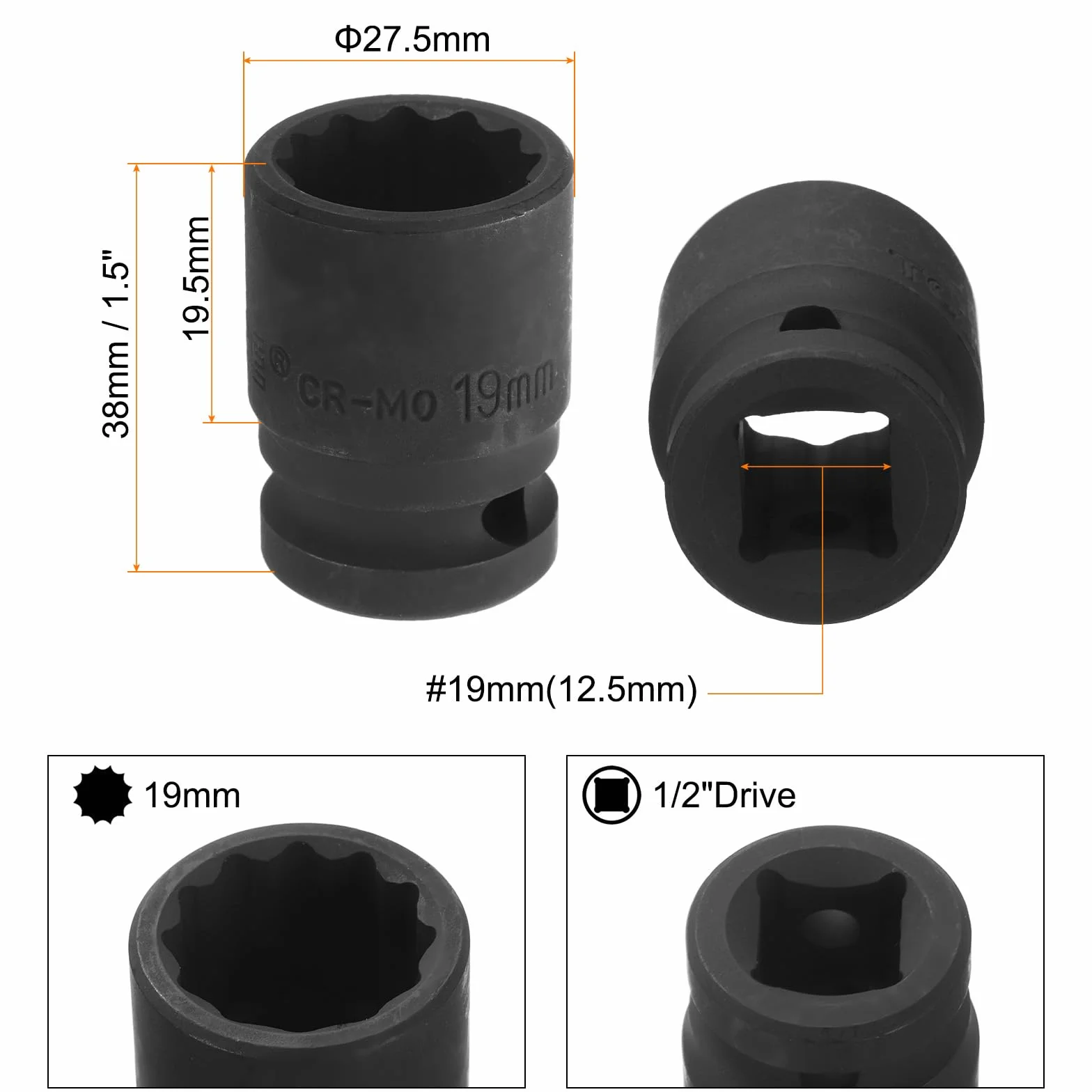 QUARKZMAN 1/2" napęd x 19 mm płaska tuleja udarowa 12-punktowa metryczna CR-MO stalowa nakrętka odporna na uderzenia klucz nasadowy do naprawy samochodu