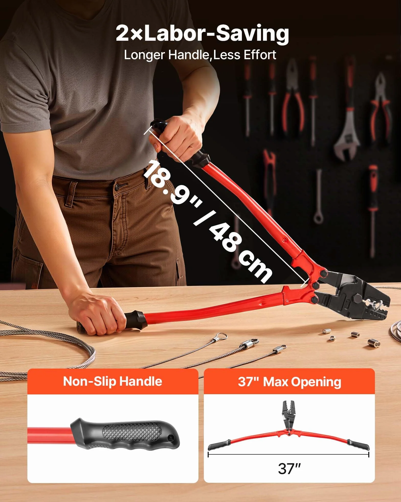 VEVOR Szczypce hydrauliczne 24", szczypce do cięcia kabli ze stali stopowej, 5 rowków do tulei 1/16", 3/32'', 1/8'', 5/32" i 3/16" do zaciskania tulei, tuleja klamra/duplex