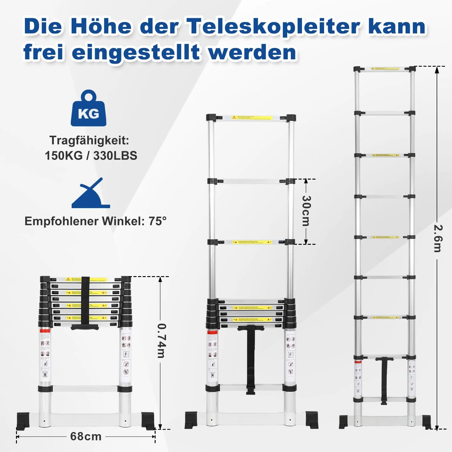 Drabina teleskopowa, 2,6 m, aluminiowa drabina wysuwana ze stabilizatorem, obciążenie 150 kg, antypoślizgowa drabina aluminiowa, drabina stojąca, wielofunkcyjna drabina na strych, do biura
