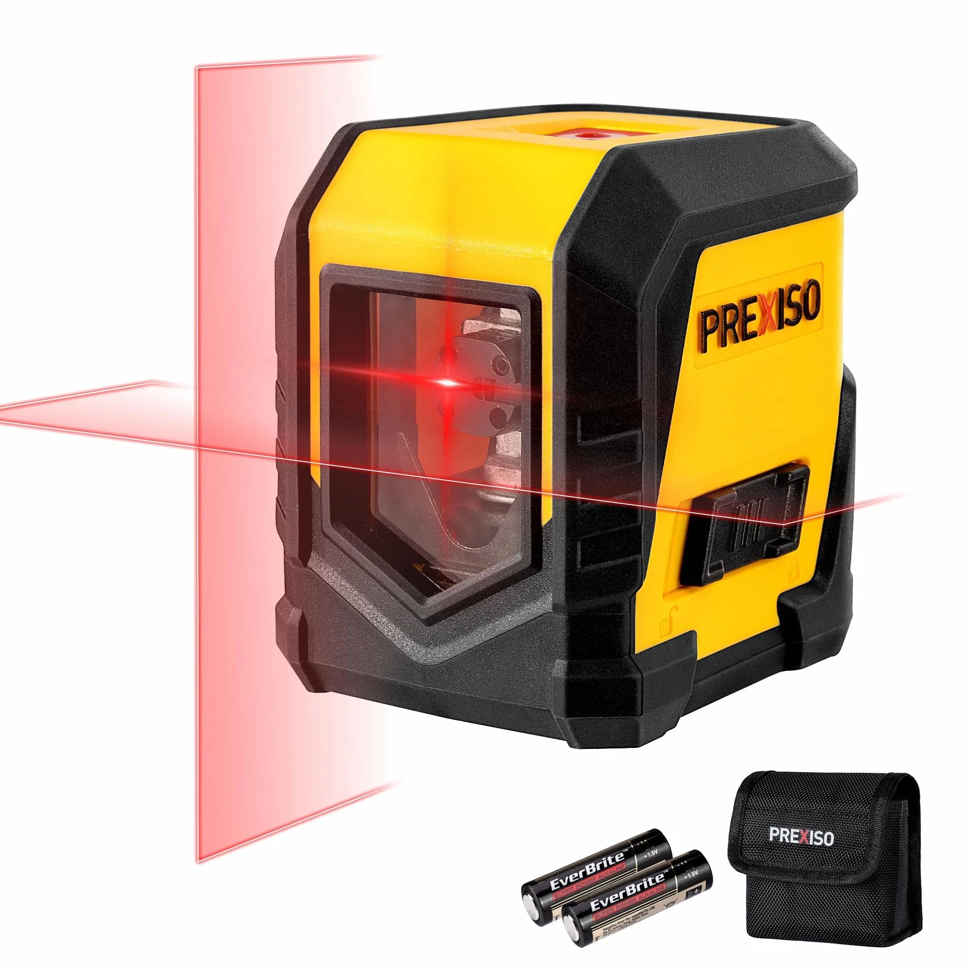 PREXISO Laser Krzyżowy, Samopoziomujący Laser Liniowy z Czerwonym Laserem, Wraz z 2 Bateriami AA Alkalicznymi, Wszechstronnie Stosowany jako Poziomica Laserowa do Placów Budowy